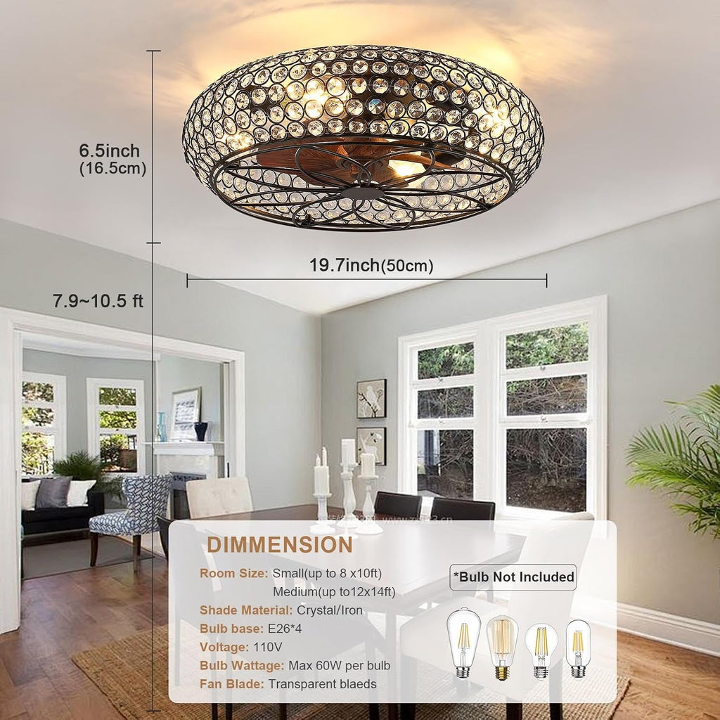 Modern Fandelier Crystal Ceiling Fans with Lights and Remote, 20-Inch Low Profile Bladeless Flush Mount Caged Ceiling Fan for Bedroom, Kitchen,Living Room,Small Ceiling Fan with Light with 6 Speed