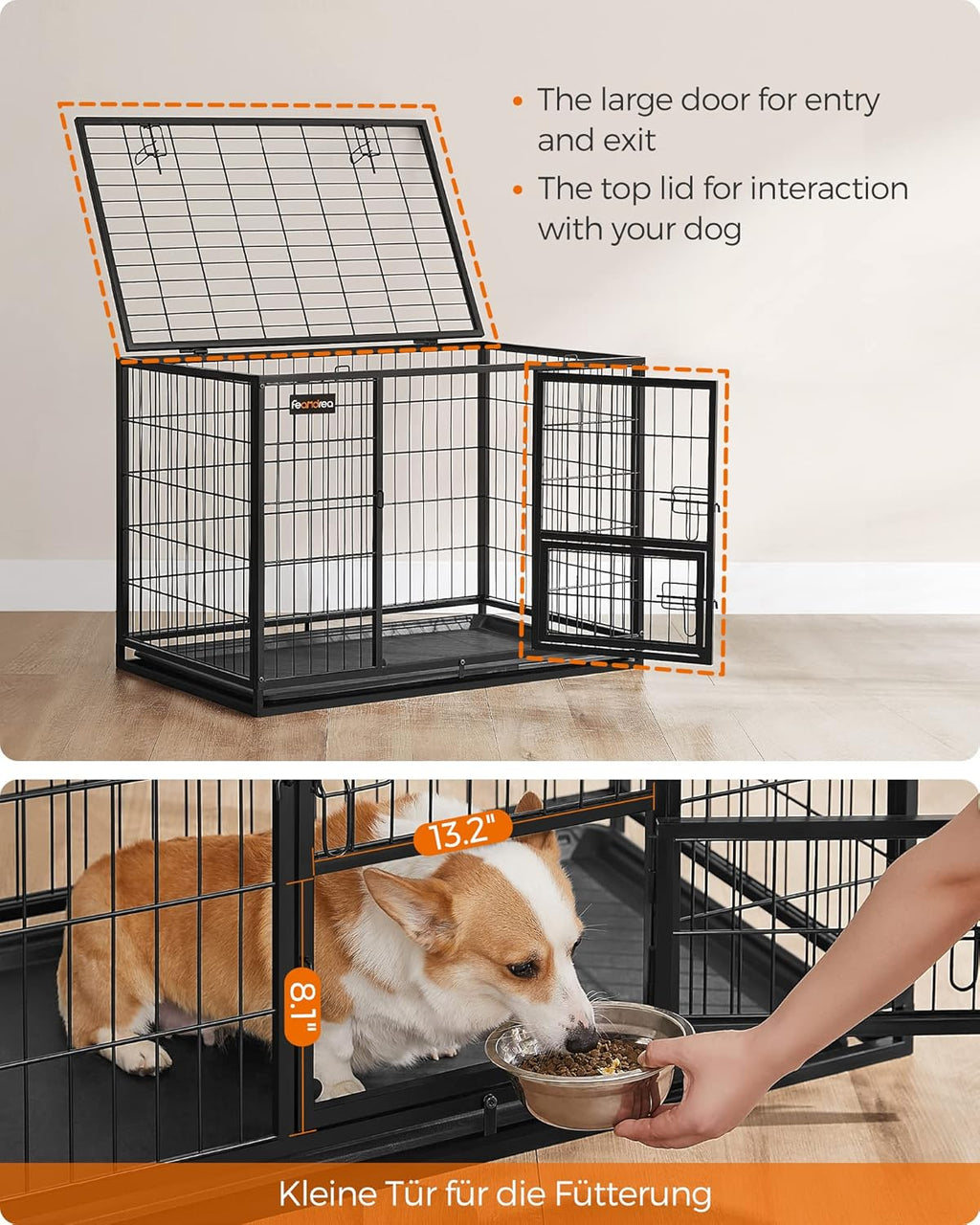 Feandrea 36.4 Inch Heavy Duty Dog Crate, Metal Escape Proof Kennel with Double Doors and Convenient Feeding Door, Removable Tray, Easy to Clean, L Pet Crate for Medium and Small Dogs, Black