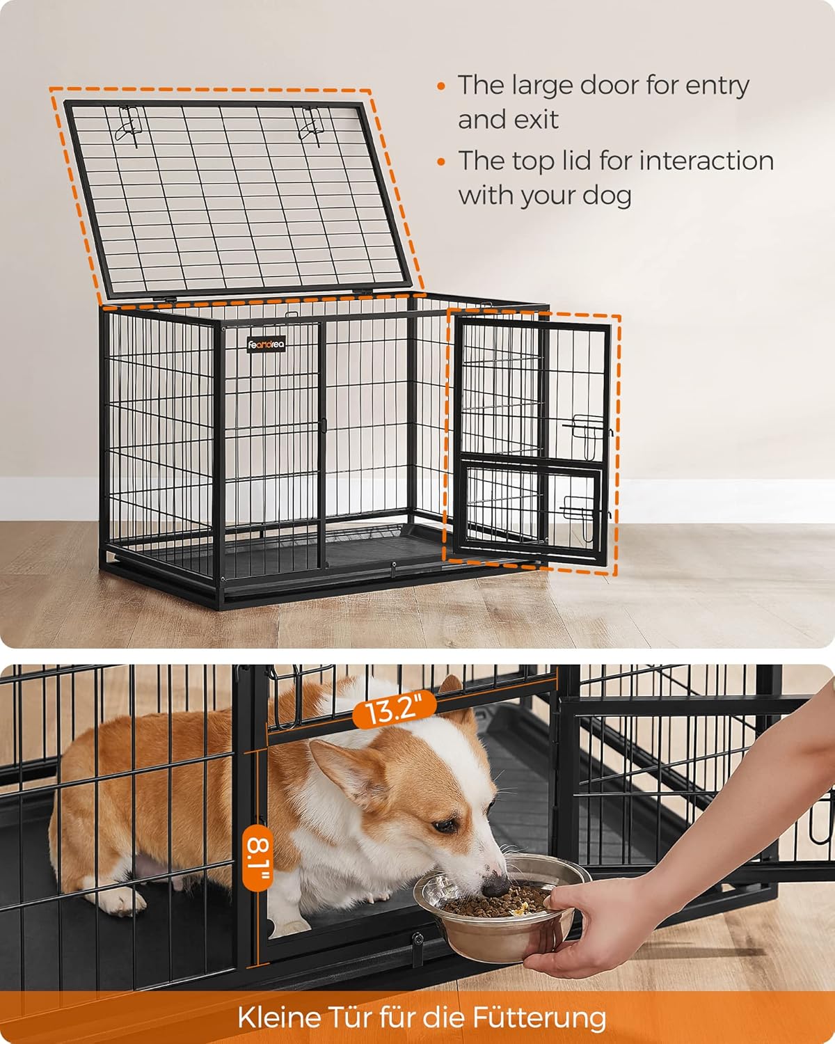 Feandrea 36.4 Inch Heavy Duty Dog Crate, Metal Escape Proof Kennel with Double Doors and Convenient Feeding Door, Removable Tray, Easy to Clean, L Pet Crate for Medium and Small Dogs, Black