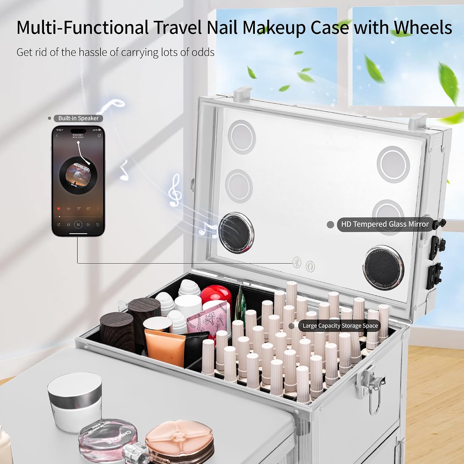 Portable Manicure Table 3 Drawers, Rolling Lockable Makeup Train Case with Blueteeth Speaker and Nail Polish Organizer, Foldable Nail Desk with Mirror & TSA Lock for Nail Tech and Salon Use