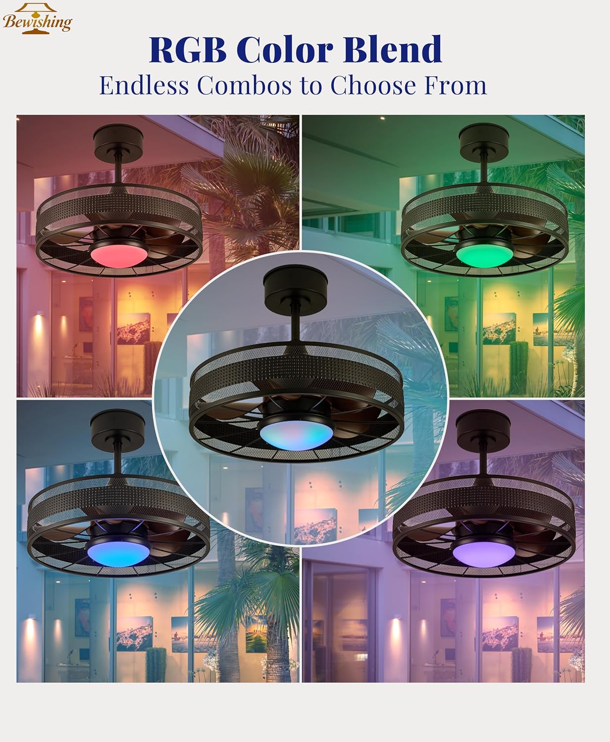 20' Outdoor Indoor Ceiling Fan with Light, IP44 Waterproof Fandelier, RGB & 3 CCT, Smart APP Remote, 6-Speed DC Motor, Cage Design for Gazebo Patio Bedroom, Black