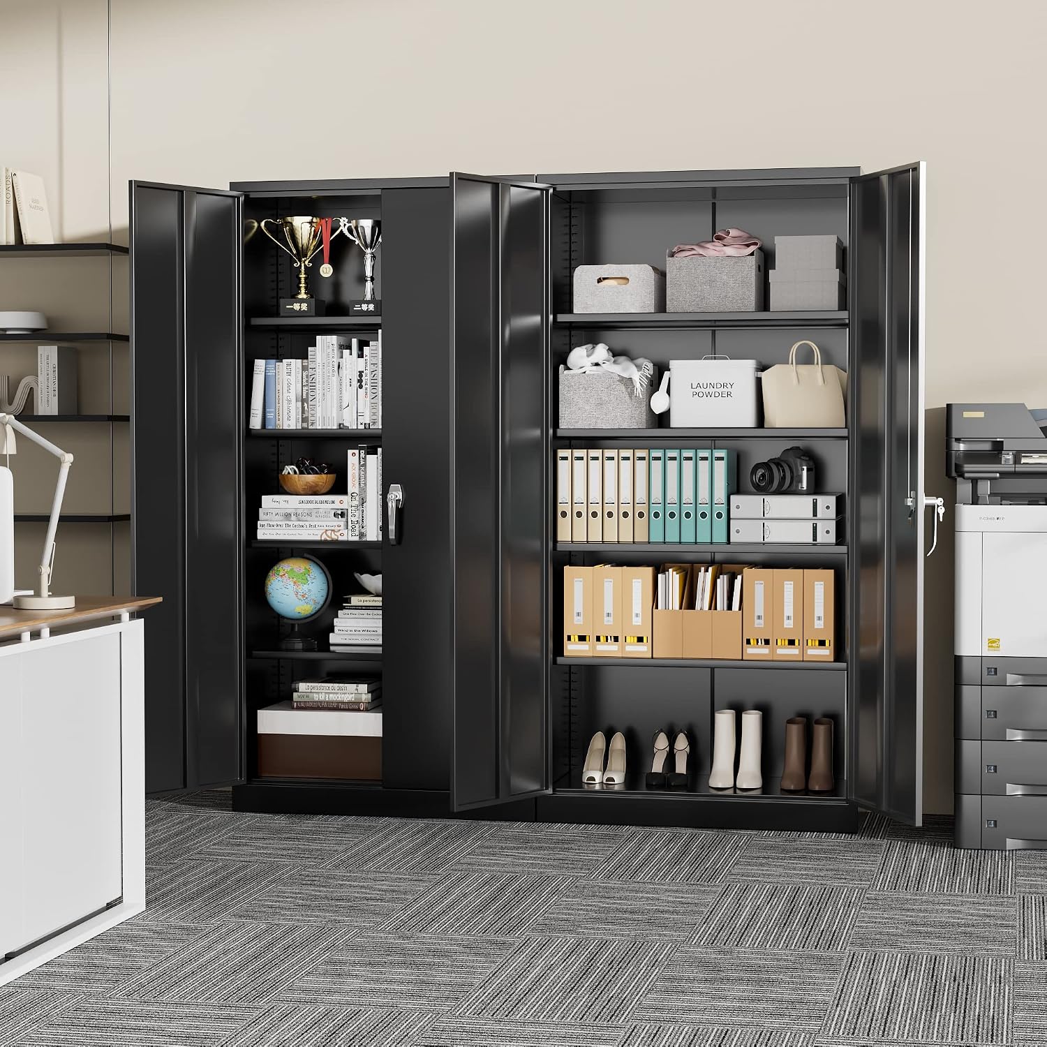 Greenvelly Storage Cabinet, 72' Black Garage Steel Locking Cabinet with Doors and 4 Adjustable Shelves, Tall Lockable File &Tool Cabinet for Home Office, Metal Classroom Cabinet Basement