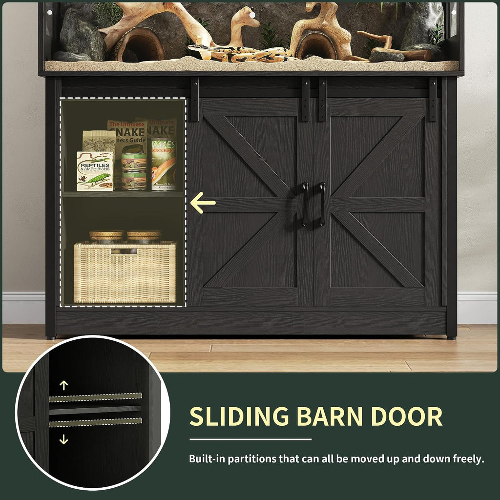 Herture 60 Gallon Reptile Terrarium with Stand, Terrarium Enclosure with Acrylic Doors, Storage Cabinet with Barn Door, Mesh Lid & Power Outlet – Vivarium Habitat for Medium Reptiles Black PX05RTB
