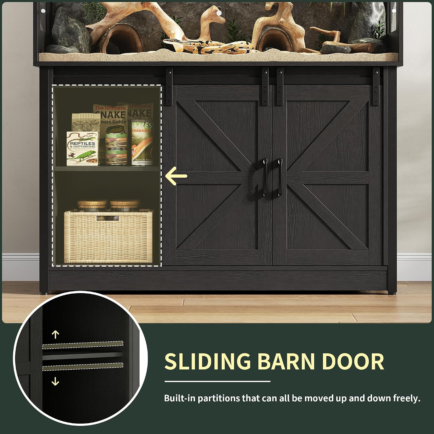 Herture 60 Gallon Reptile Terrarium with Stand, Terrarium Enclosure with Acrylic Doors, Storage Cabinet with Barn Door, Mesh Lid & Power Outlet – Vivarium Habitat for Medium Reptiles Black PX05RTB