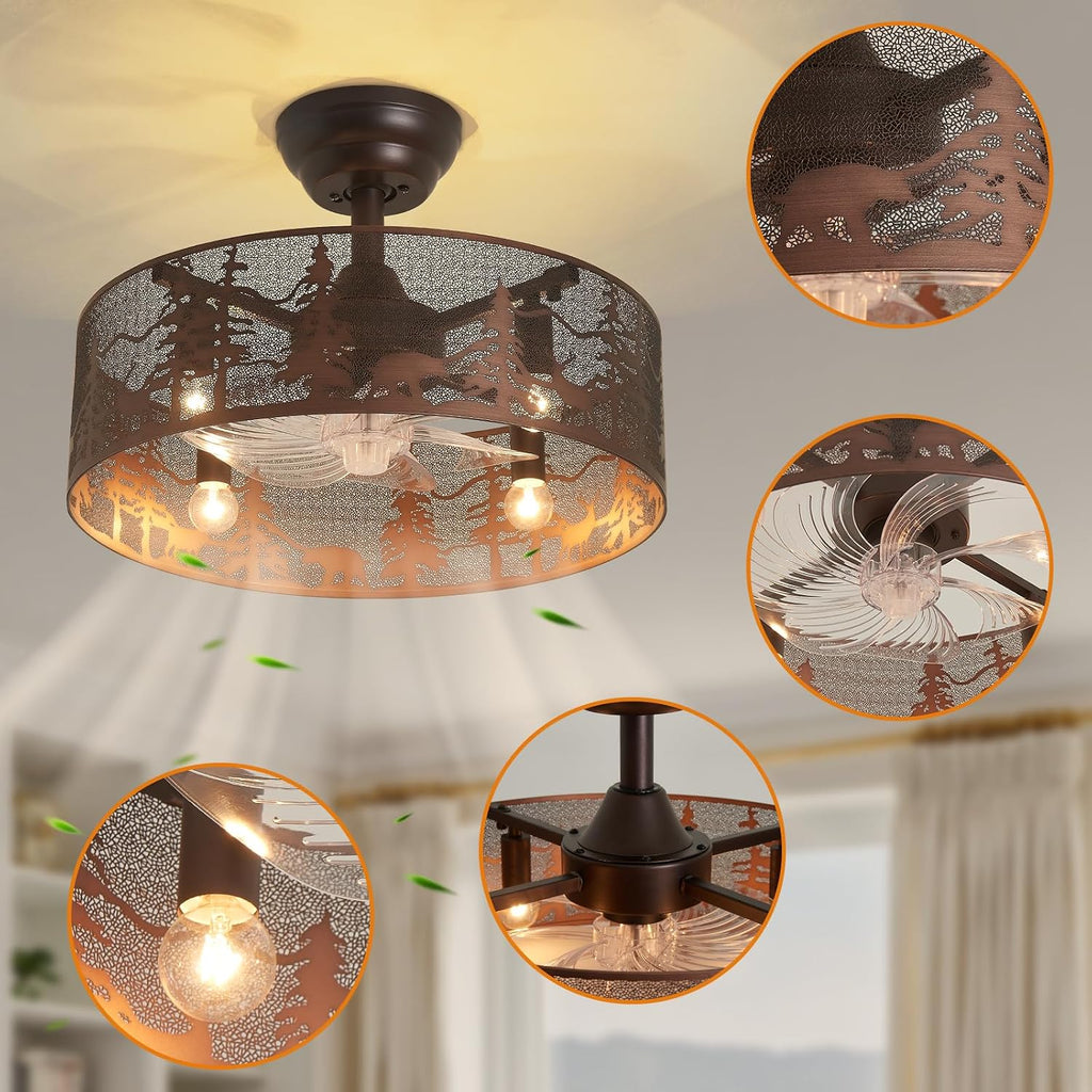 Rustic Farmhouse Ceiling Fan with Light and Remote, Brushed Bronze Round Vintage Industrial Metal Fandelier, Bear and Deer Design Rustic Ceiling Fan for Living Room, Bedroom, Cabin