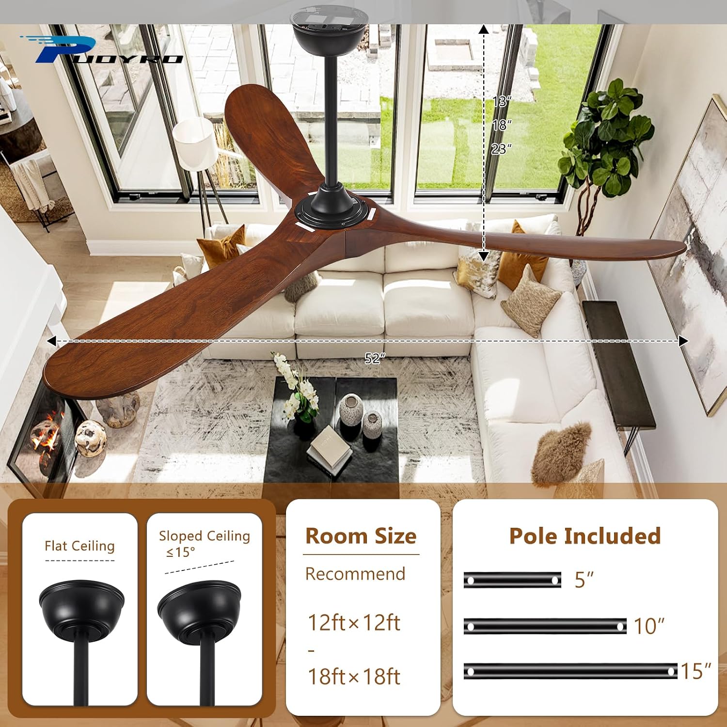 52' Ceiling Fan with Light and Remote, 6-Speed Dimmable Outdoor Ceiling Fan, High CFM Quiet 3 Blade Wood Ceiling Fan, Puoyro Modern Propeller Ceiling Fan for Outdoor Indoor Living Patio Porch (Walnut)