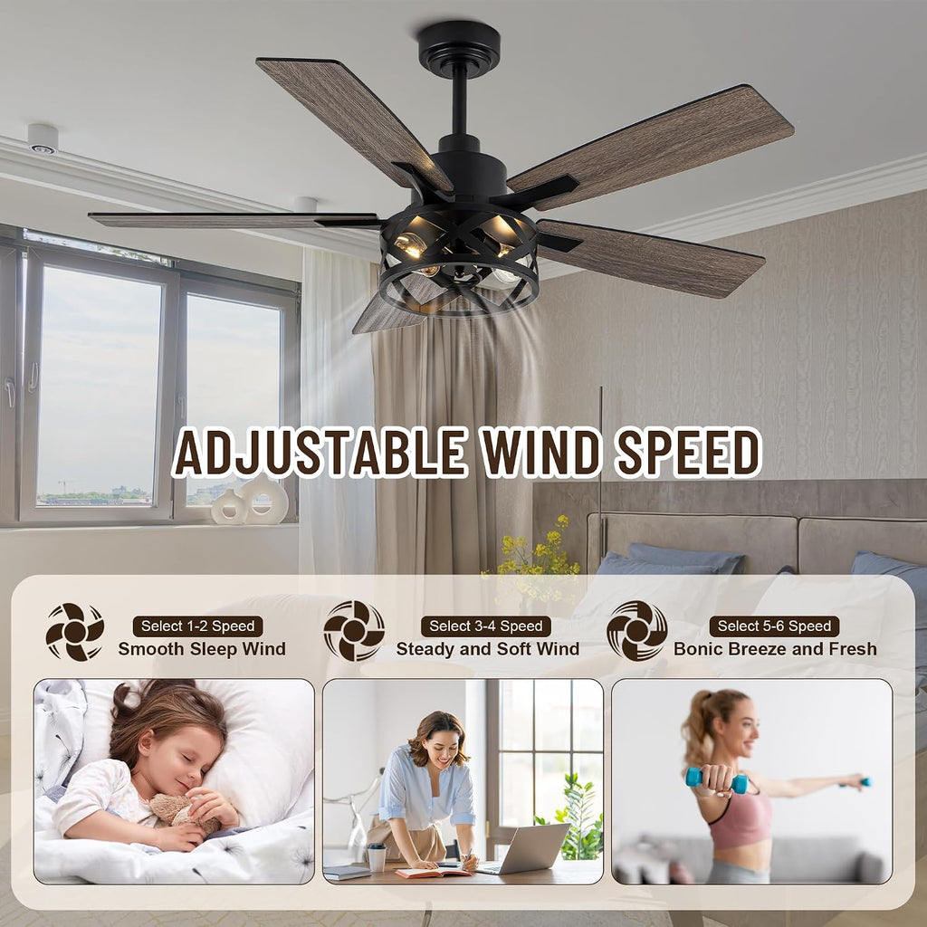 52' Farmhouse Ceiling Fan with Lights and Remote,Ceiling Fan with Rustic Caged Light Fixture,Reversible DC Motor,5 Double Finish Wood Blades for Patio, Living Room, Dining Room,Bedroom