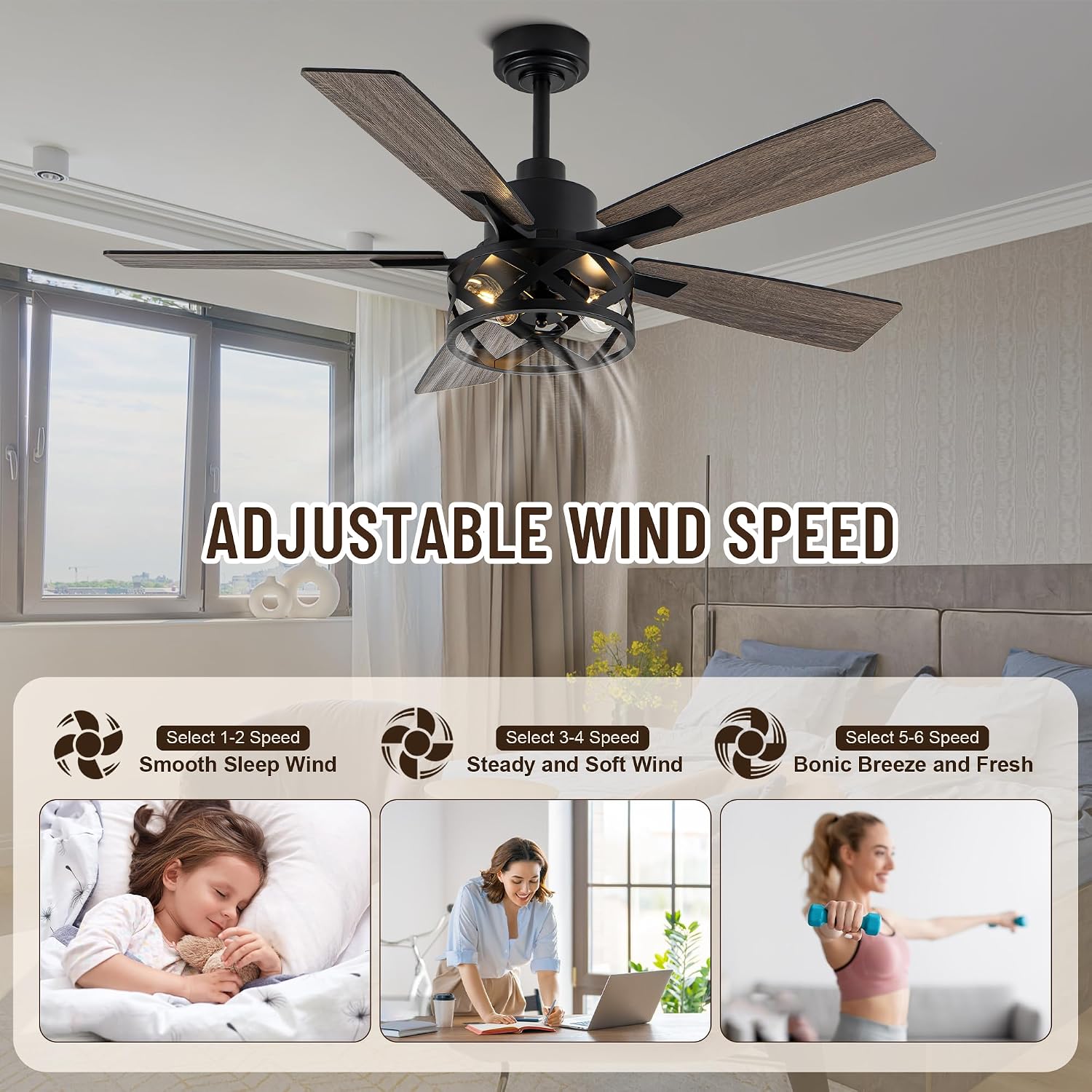 52' Ceiling Fans with Lights,Farmhouse Ceiling Fan with Light and Remote,6 Speeds,Reversible Motor,5 Double Finish Wood Blades,Black Rustic Caged Ceiling Fan for Living Room Dining Room