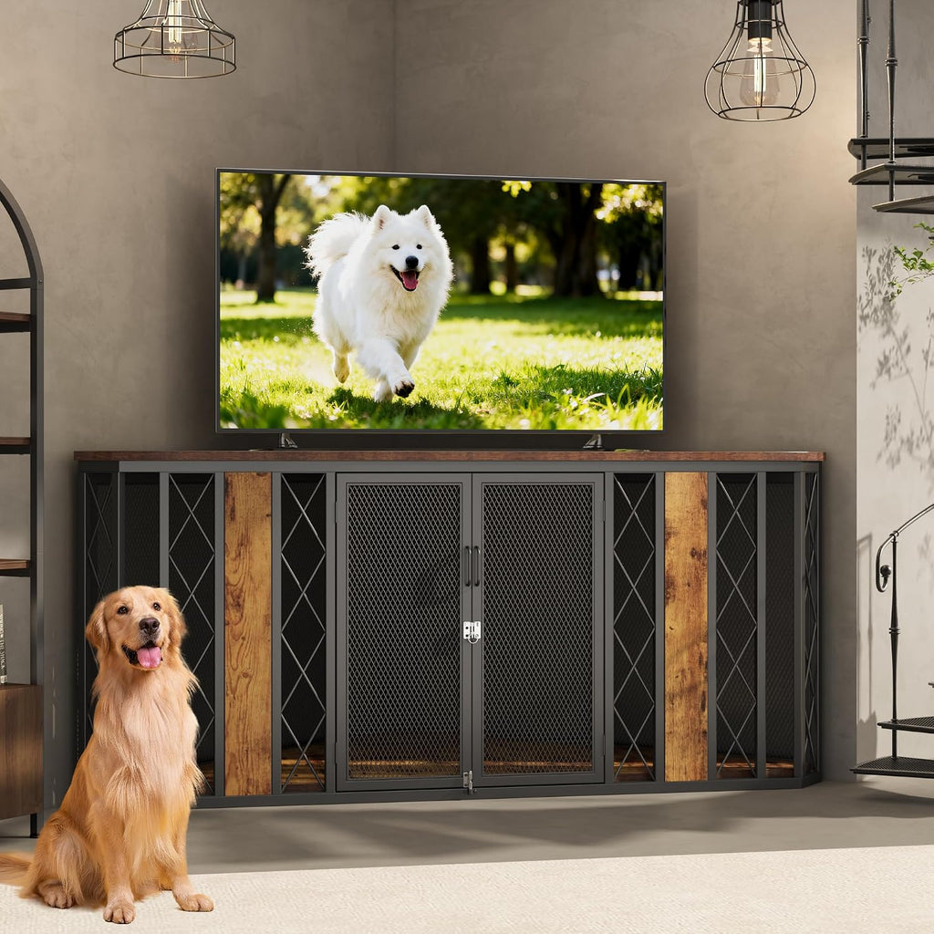 kepptory 67' Corner Wooden Dog Crate Furniture with Diamond Metal Decoration, Pet Kennel for Small, Medium and Large Dogs, Space-Saving Dog Cage for TV Stand(Brown)