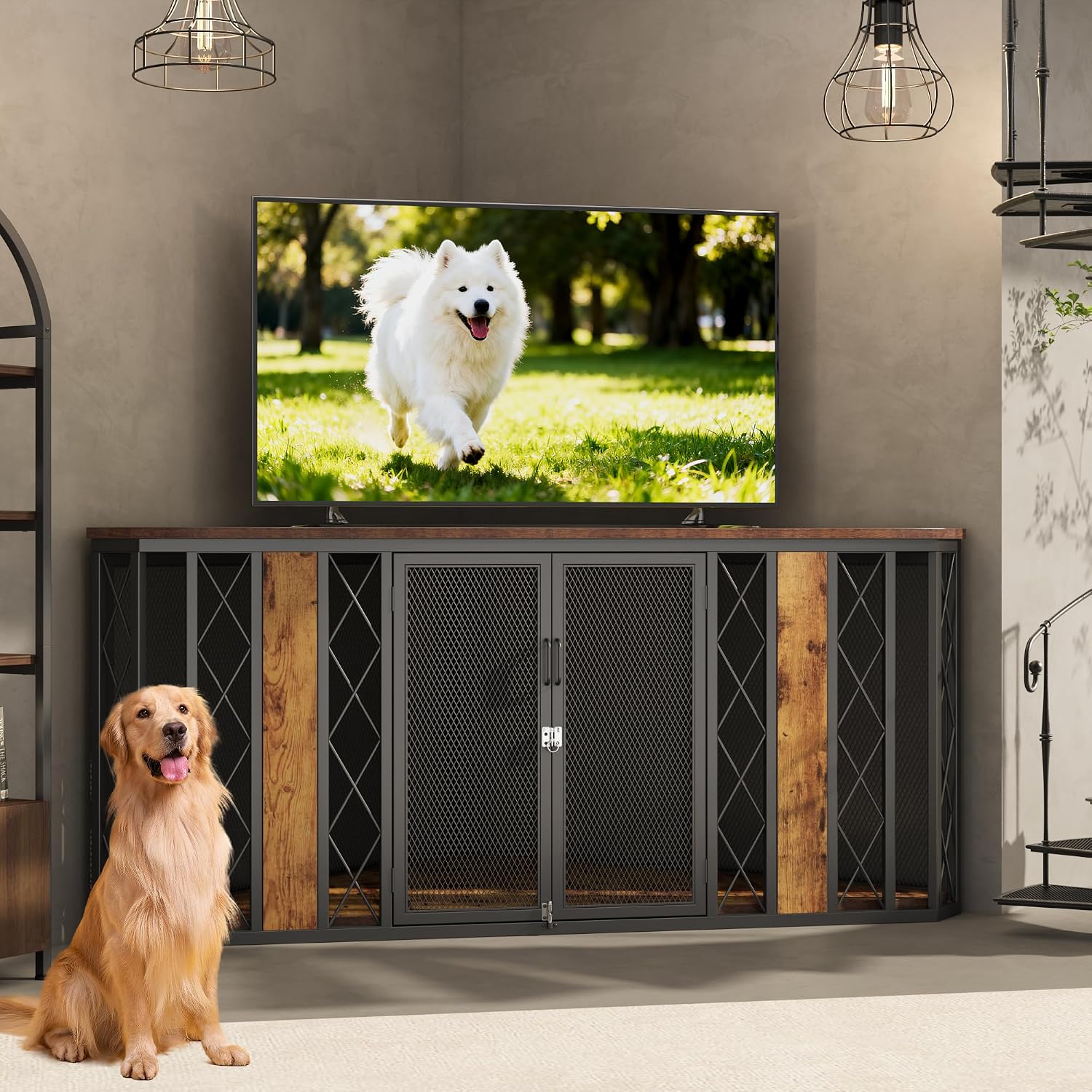 kepptory 67' Corner Wooden Dog Crate Furniture with Diamond Metal Decoration, Pet Kennel for Small, Medium and Large Dogs, Space-Saving Dog Cage for TV Stand(Brown)