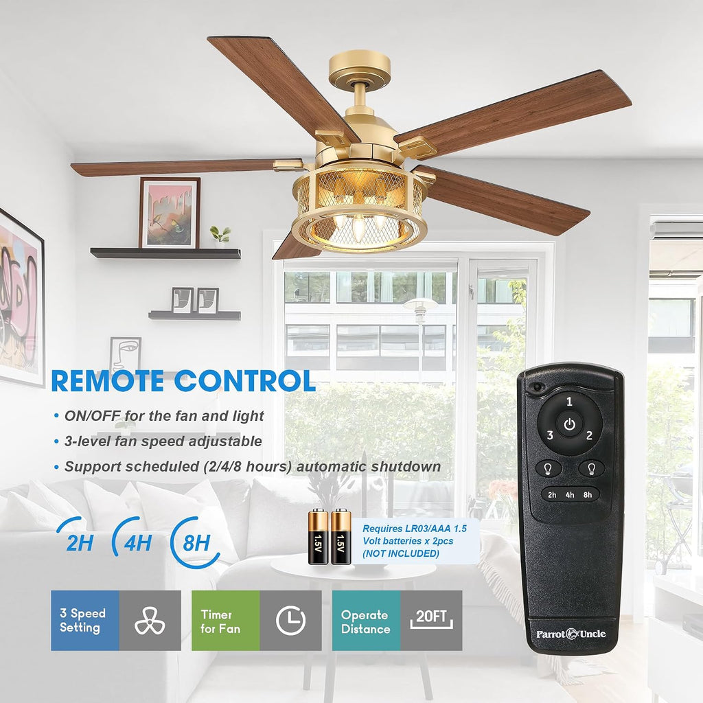 Parrot Uncle Gold Ceiling Fans with Lights and Remote, 52 Inch Farmhouse Ceiling Fan with Light for Bedroom, Modern Outdoor Ceiling Fans for Patios, Reversible Airflow, 3 Speeds, Timer