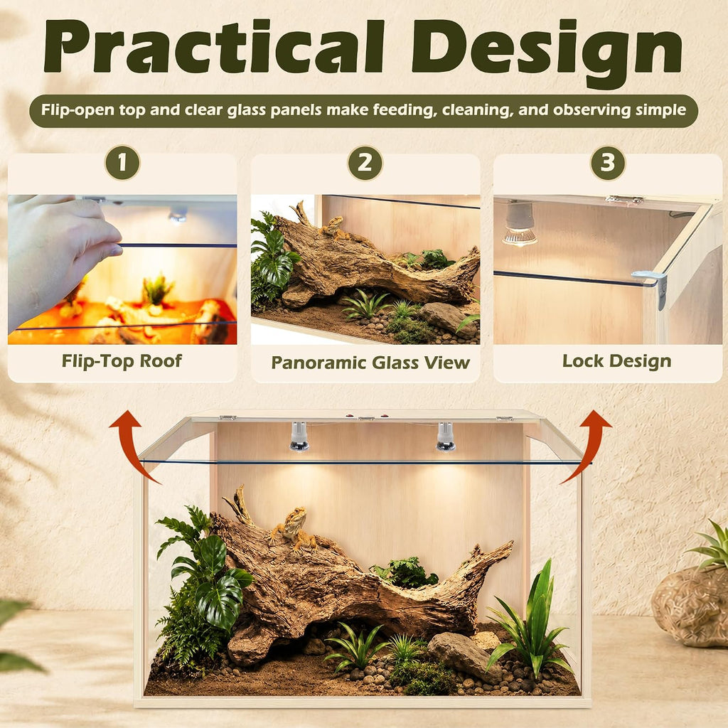PROLEE Bearded Dragon Tank, Lizard Tank with Clear Tempered Glass, Anti-Scratch Reptile Enclosure, Reptile Tank Built-in Light Fixtures with Switch (24X16X16inch,24 Gallon)