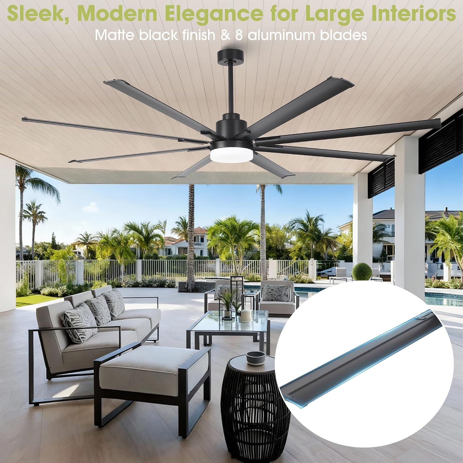 84' Large Ceiling Fan with Lights & Remote – 8-Blade Black Modern Ceiling Fan for Living Room, Dining Room, Bedroom, Patio, Commercial Spaces, Quiet & Energy Efficient, ETL Certified