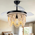 42 Inch Boho Retractable Ceiling Fan with Lights Boho Fandelier Ceiling Fan Wood Beaded Coastal Chandelier, 6 Speeds Reversible Quiet DC Motor 3 E26 for Bedroom Living Room