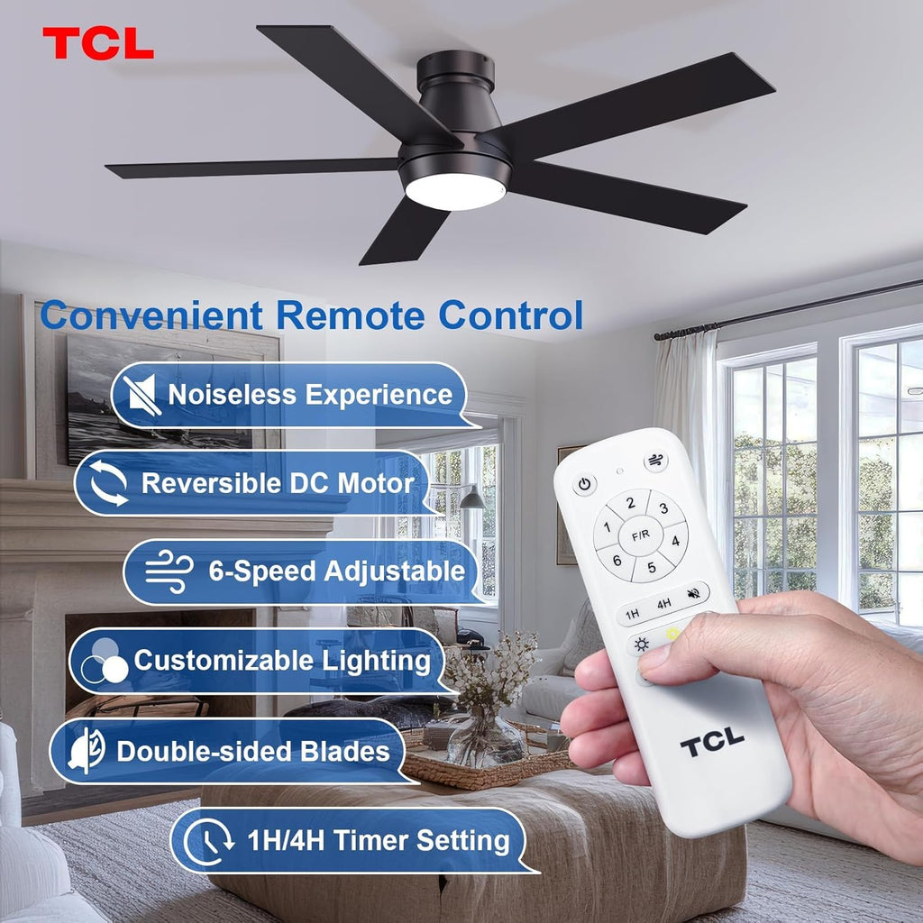 TCL 52' Ceiling Fan with Lights, Black Flush Mount Ceiling Fans with Remote Control, 6 Speeds DC Reversible, Dimmable, Noiseless, Low Profile Ceiling Fans for Bedroom