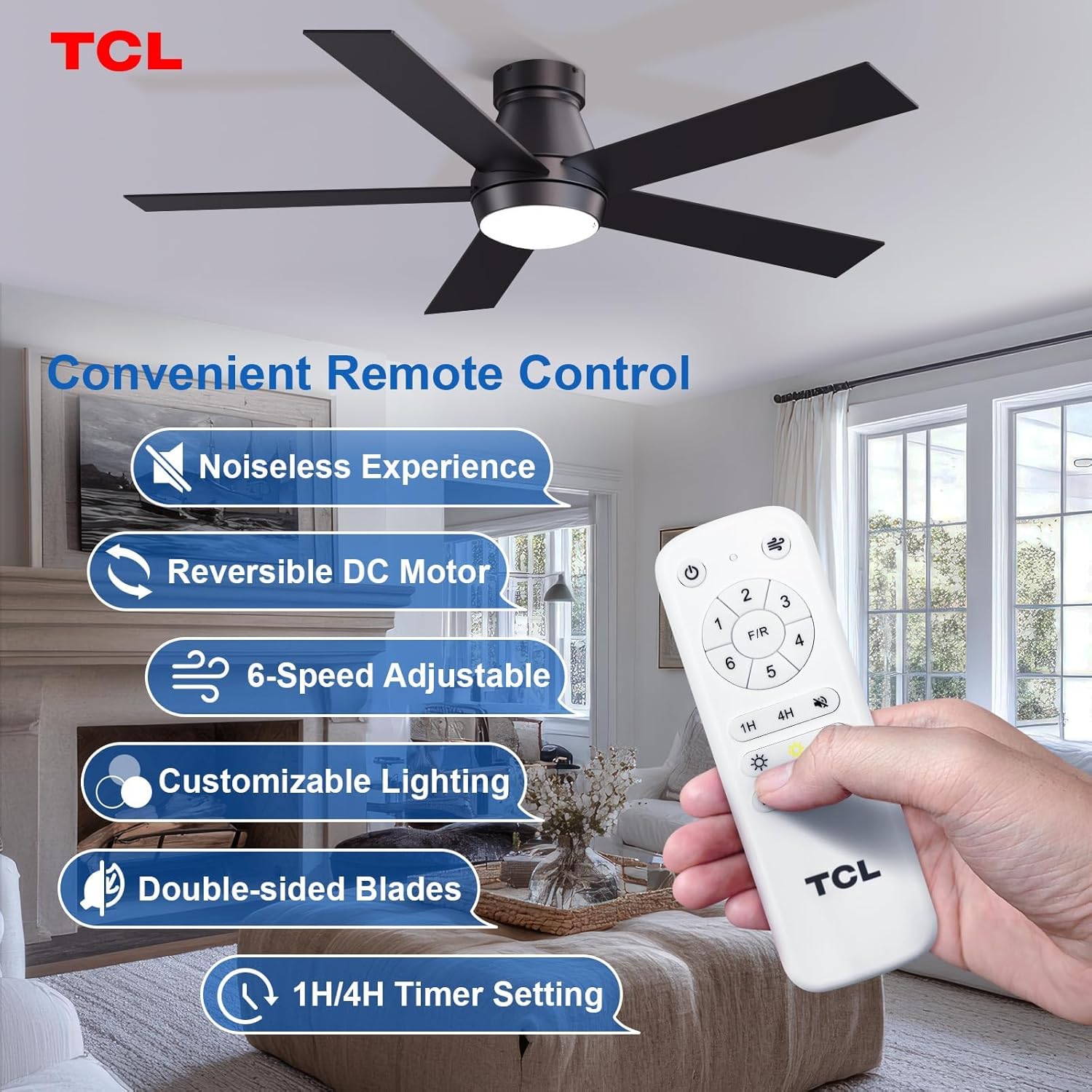 TCL 52' Ceiling Fan with Lights, Black Flush Mount Ceiling Fans with Remote Control, 6 Speeds DC Reversible, Dimmable, Noiseless, Low Profile Ceiling Fans for Bedroom