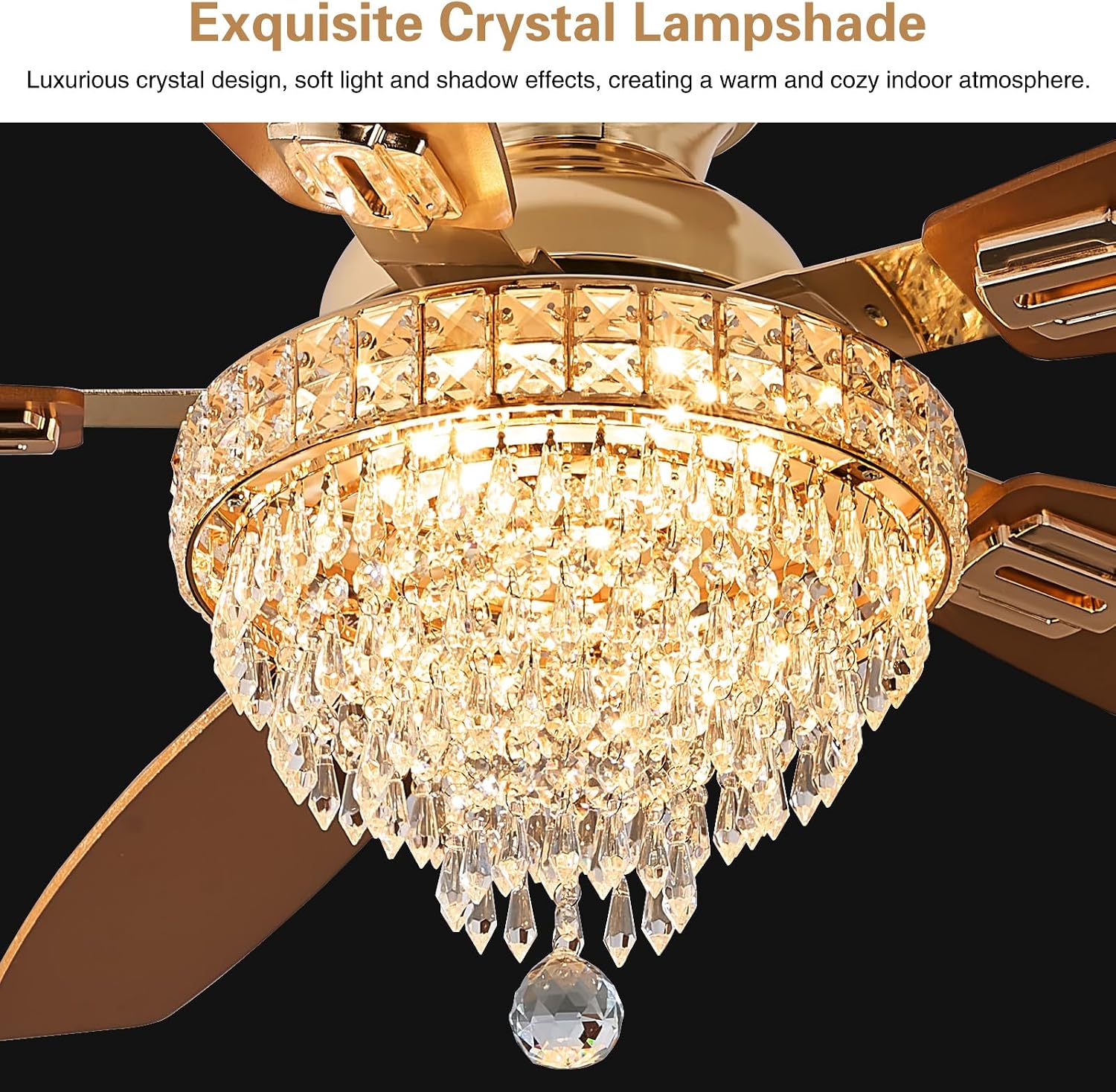 Crystal Ceiling Fan Fandelier with Lights-Ceiling Fans,50' Low Profile and Remote Control, Flush Mount, Reversible, Dimmable, Noiseless, Gold Ceiling Fan for Bedroom