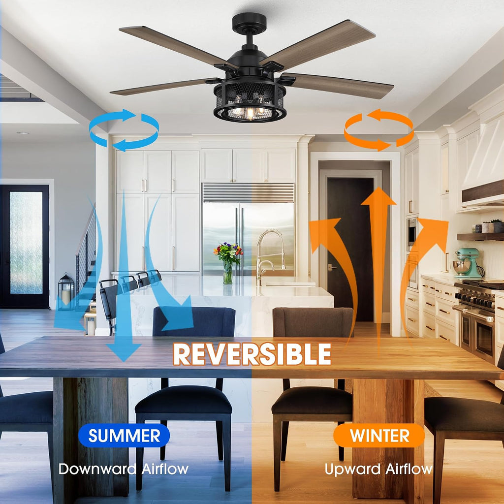 Ceiling Fans with Lights and Remote 52 Inch Farmhouse Rustic Ceiling Fan for Bedroom Living Room Black Chandelier Ceiling Fan with E12 Socket, 3 Speeds, Reversible 5 Blades, Timer, Ventilador de Techo
