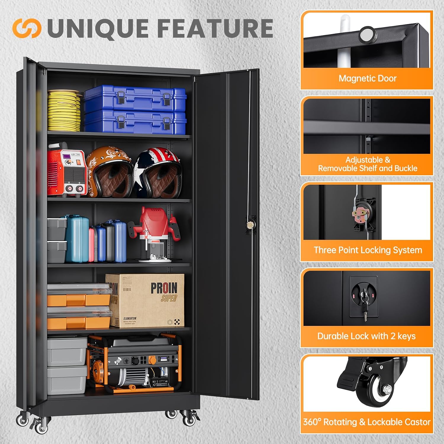 Metal Garage Storage Cabinets with Wheels, Rolling Tool Cabinet with Lock, Locking Garage Caninet on Wheels with Shelves, Steel 2 Door Tall Tool Cabnets for Workshop/Home/Office - (Black 75'H)