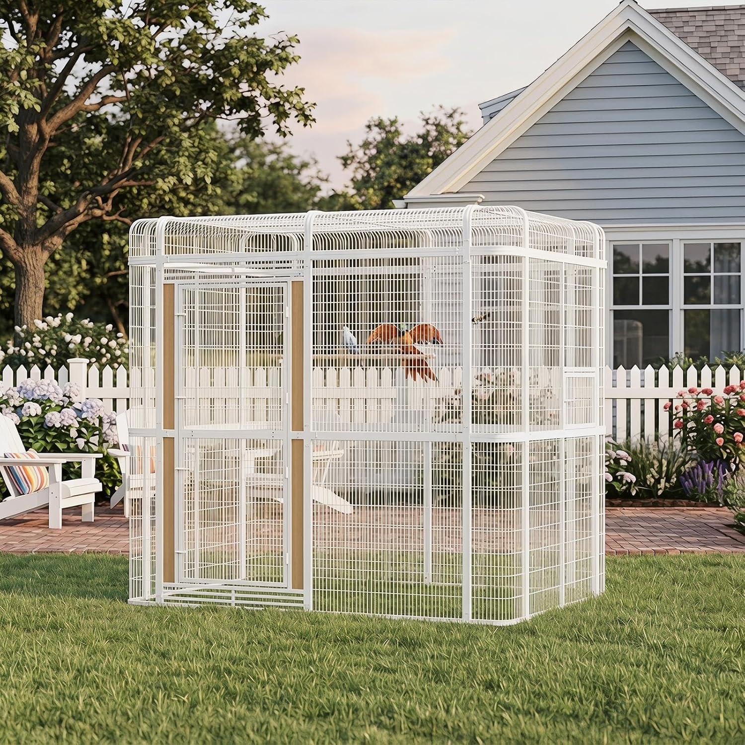 Large Walk-in Cage 87-inch Heavy Duty Bird Cage Outdoor Carbon Crystal Board Aviary Parrot Cage Wide Flight Metal Birdcage for Macaw Budgie Conure Lovebird Parakeet Cockatiel, 7.22x5.25x6.8ft, White