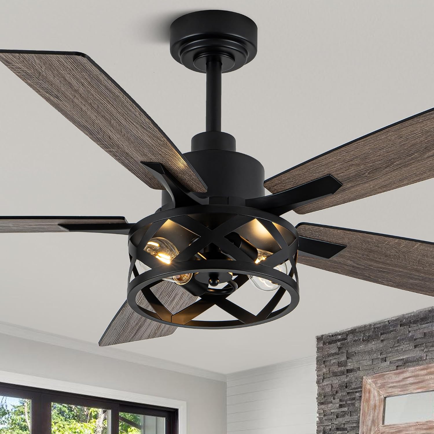 52' Farmhouse Ceiling Fan with Lights and Remote,Ceiling Fan with Caged Rustic Light Fixture,Reversible DC Motor,5 Double Finish Wood Blades for Patio,Living Room,Dining Room,Bedroom