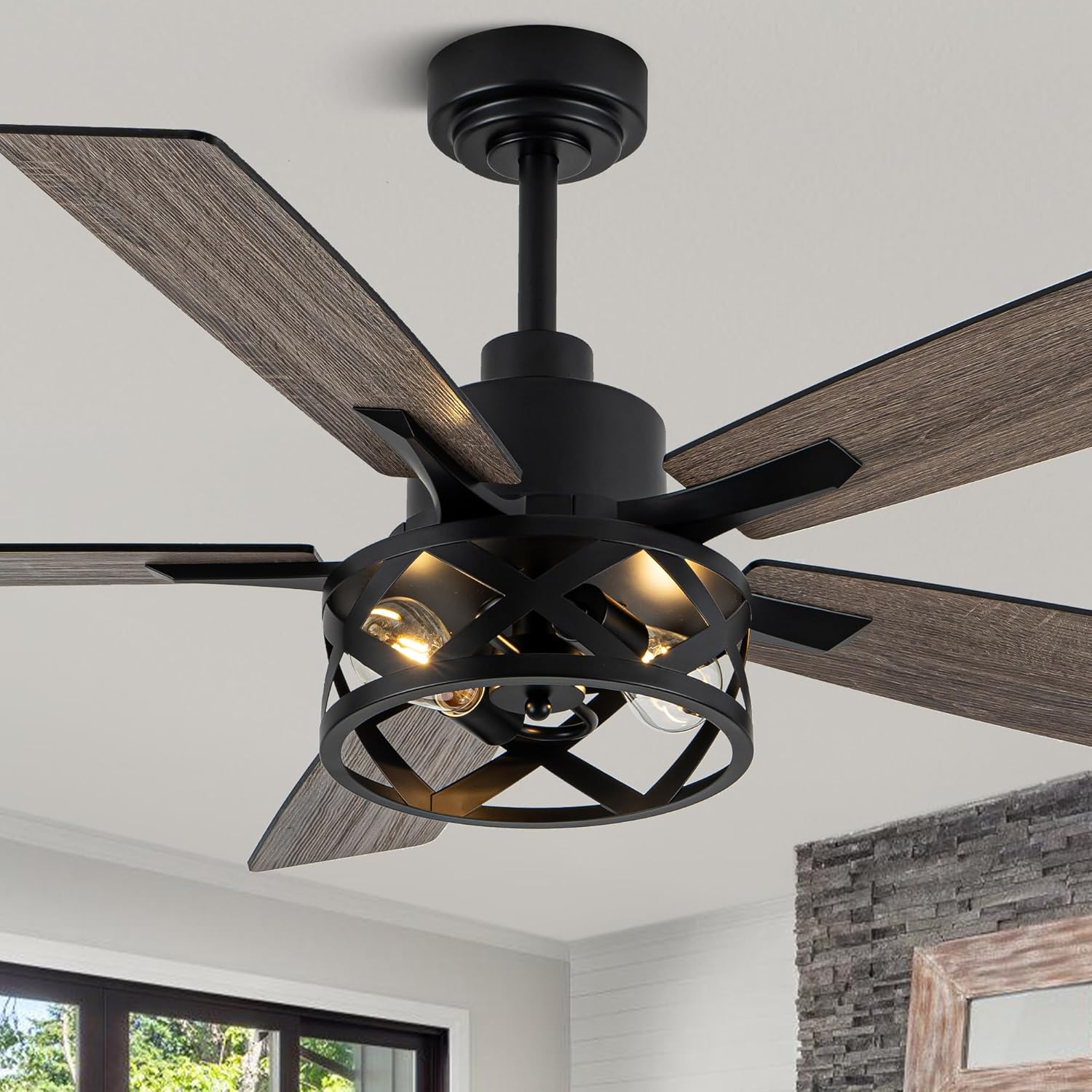 52' Ceiling Fans with Lights,Farmhouse Ceiling Fan with Light and Remote,6 Speeds,Reversible Motor,5 Double Finish Wood Blades,Black Rustic Caged Ceiling Fan for Living Room Dining Room