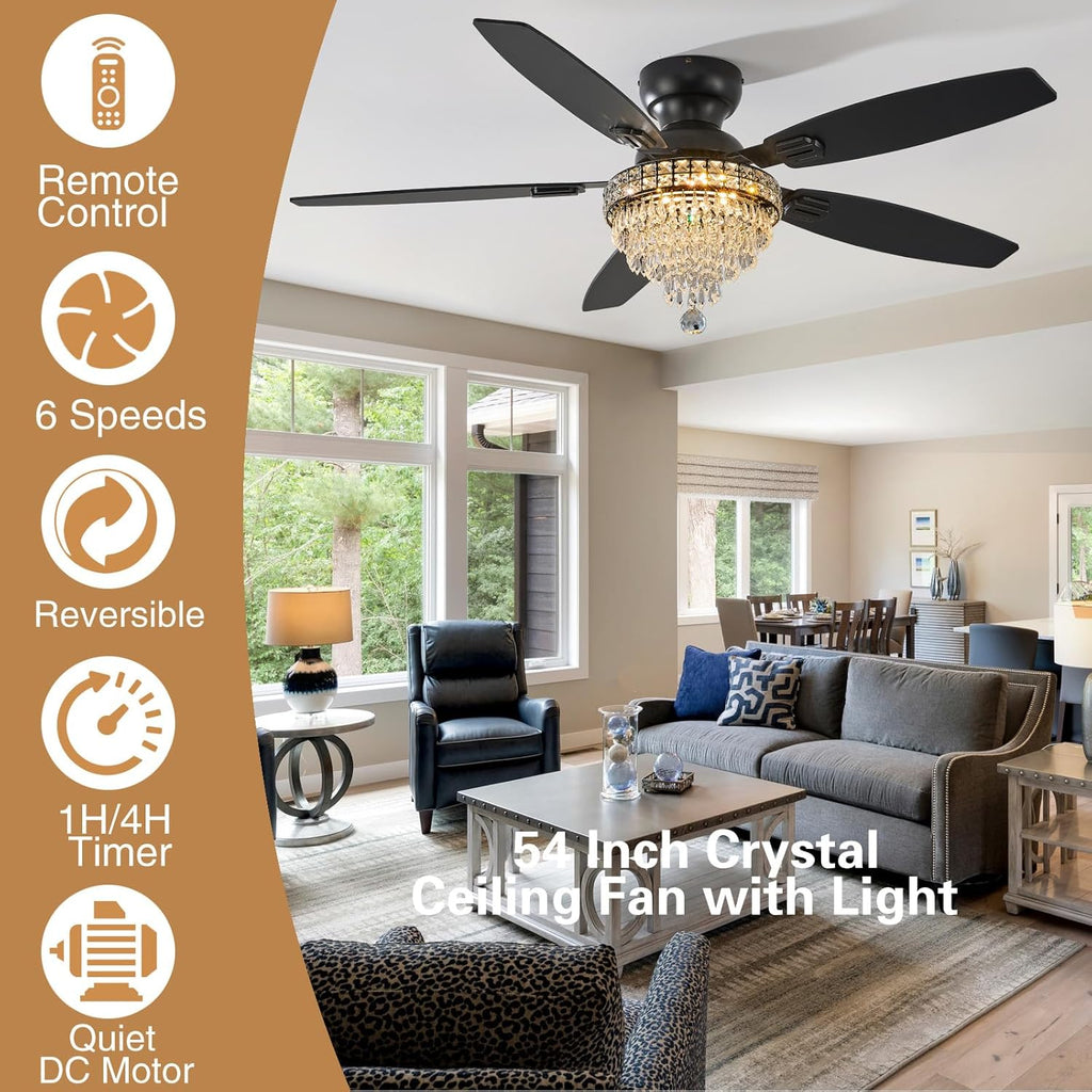 Crystal Ceiling Fan Fandelier with Lights-Ceiling Fans with Lights,54' Low Profile and Remote Control, Flush Mount, Reversible, Dimmable, Noiseless, Black Ceiling Fan for Bedroom