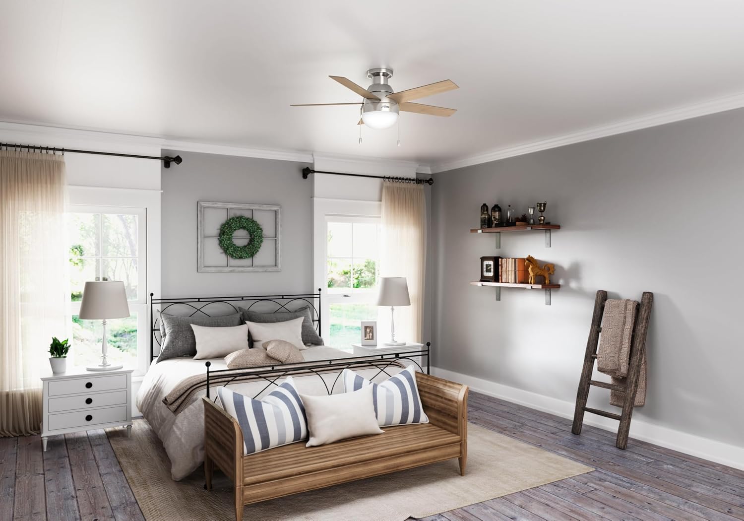 Hunter 46 inch Indoor Ceiling Fan with LED Light - Ceiling Fan with Pull Chain, for Bedroom, Living Room, or Kitchen, Low Profile Mount, No Remote, 5 Blades - Anslee 50278, Brushed Nickel