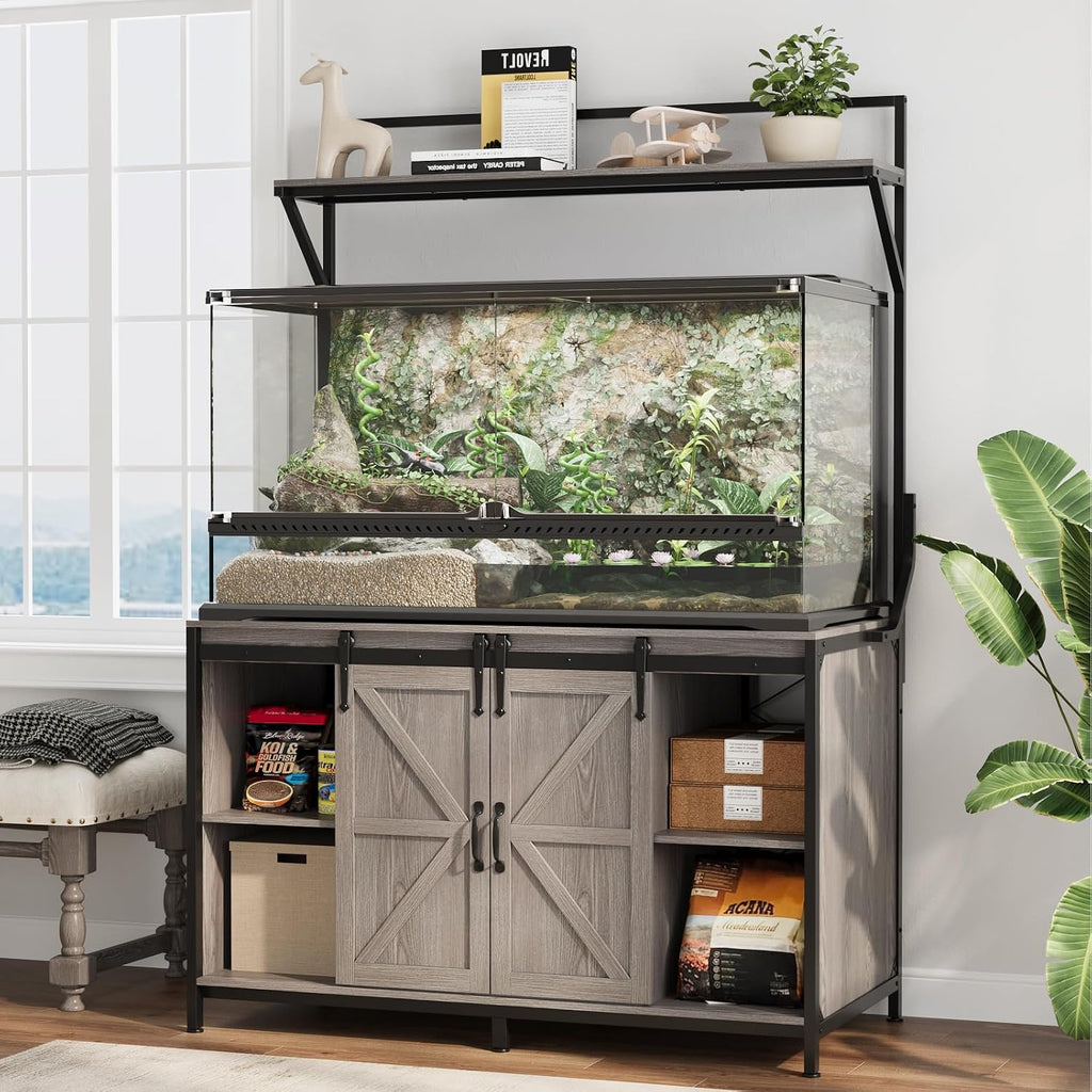 VOWNER Farmhouse Reptile Tank Stand with Power Outlet, 48' X 24' Tabletop Fits up to 120 Gallon Bearded Dragon Tank, Heavy Duty Aquarium Stand with Storage Cabinet, Reptile Turtle Terrarium Stand Grey