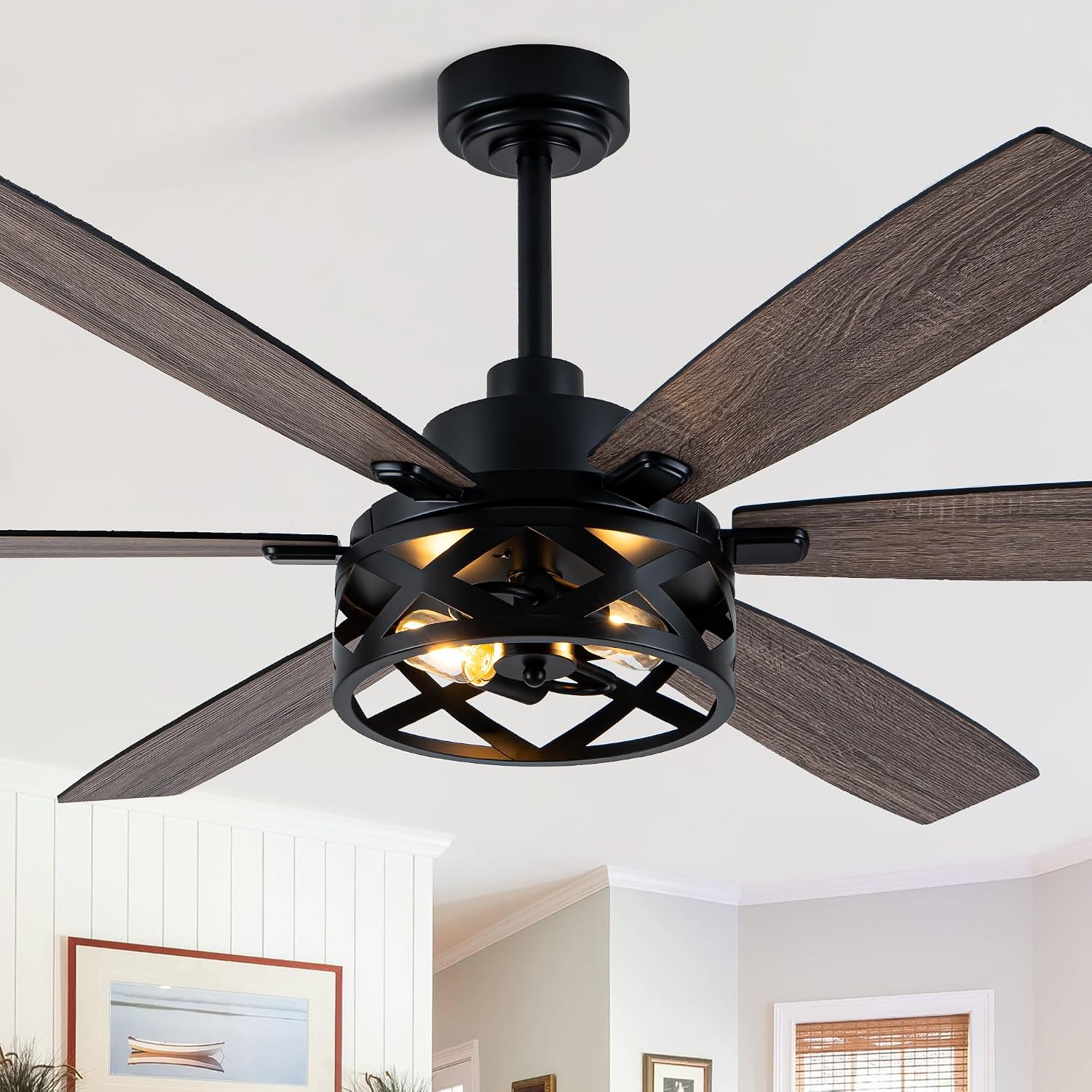 Dawn Whisper 60 Inch Farmhouse Ceiling Fans with Lights and Remote Large Black Caged Rustic Chandelier Ceiling Fan for Bedroom Living Room Quiet and Reversible DC Motor 6 Speeds