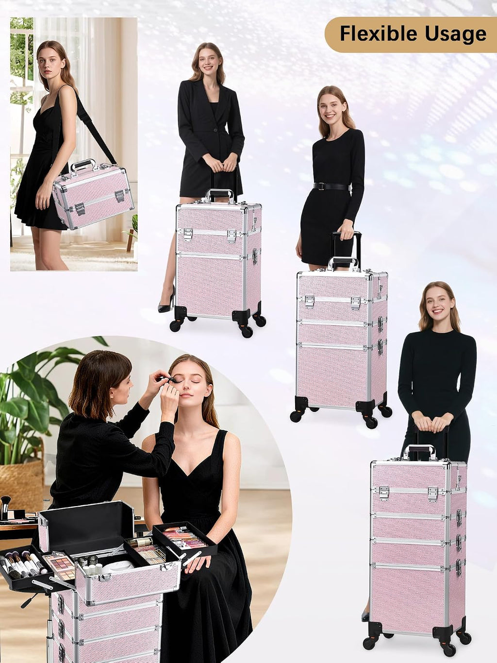Costravio 5 in 1 Rolling Makeup Case on Wheels Large Cosmetology Case Organizer Beauty Cosmetic Train Case Travel Nail Cart for Make-up Studio Hair Salon, Pink Rhinestone