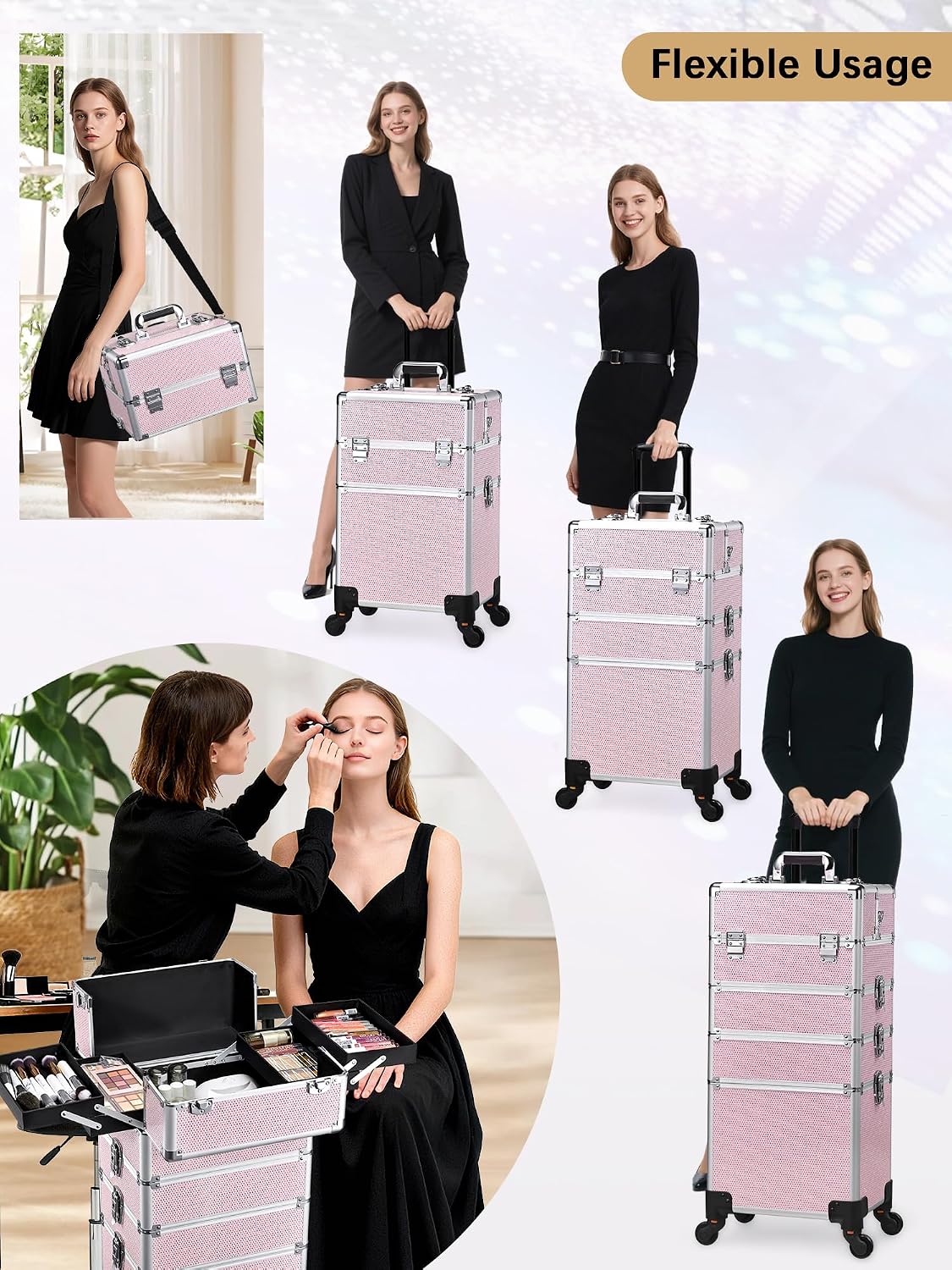 Costravio 5 in 1 Rolling Makeup Case on Wheels Large Cosmetology Case Organizer Beauty Cosmetic Train Case Travel Nail Cart for Make-up Studio Hair Salon, Pink Rhinestone