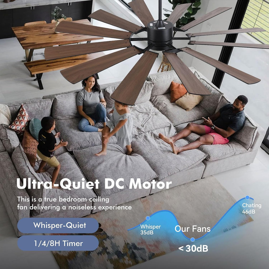 62 Inch Outdoor Ceiling Fans with Lights Remote, Modern Black Industrial Ceiling Fan with Light 6 Speed Quiet Reversible DC Motor for Patio Porch Shop Garage, Indoor/Exterior, 12 Dual-finish Blade