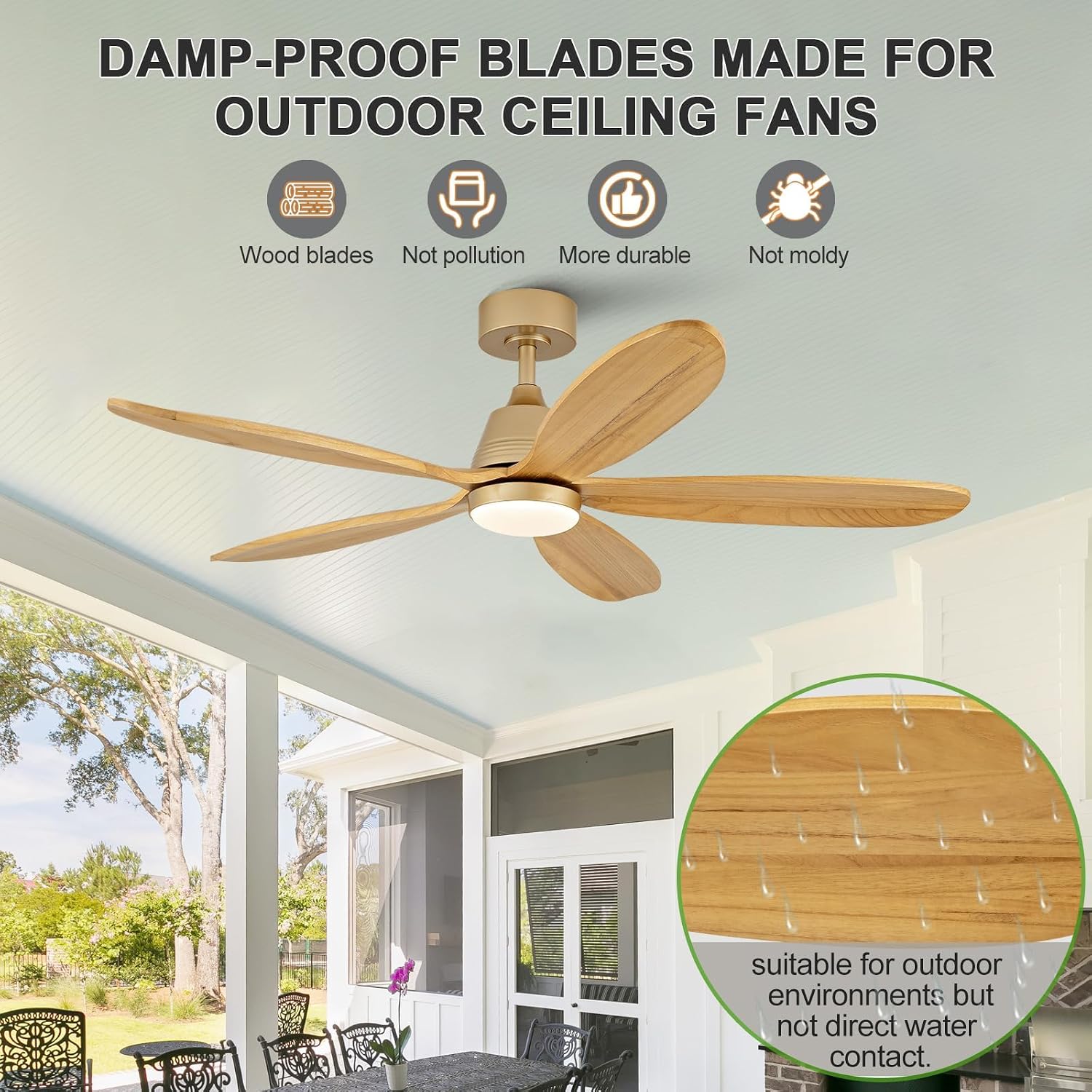 48 Inch Ceiling Fans with Lights and Remote, Modern Indoor Outdoor Ceiling Fan with Light for Patio Bedroom, Dimmable, 5 Wood Blades, Wall Switch, Reversible DC Motor, Memory Function (Gold)