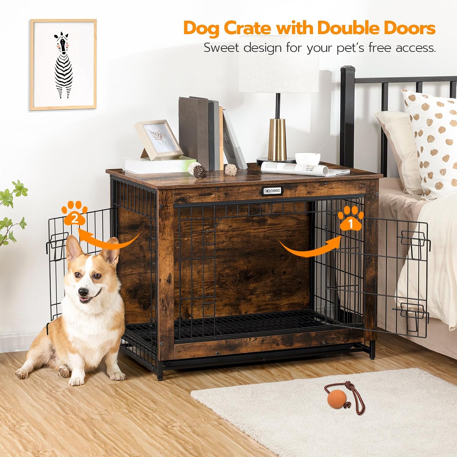 HOOBRO Dog Crate Furniture, 32.5' Medium Dog Kennel Indoor, Wooden Cage with Pull-Out Tray, Double Doors Pet House Side End Table for Medium/Small Dogs, Rustic Brown BF802GW03G1