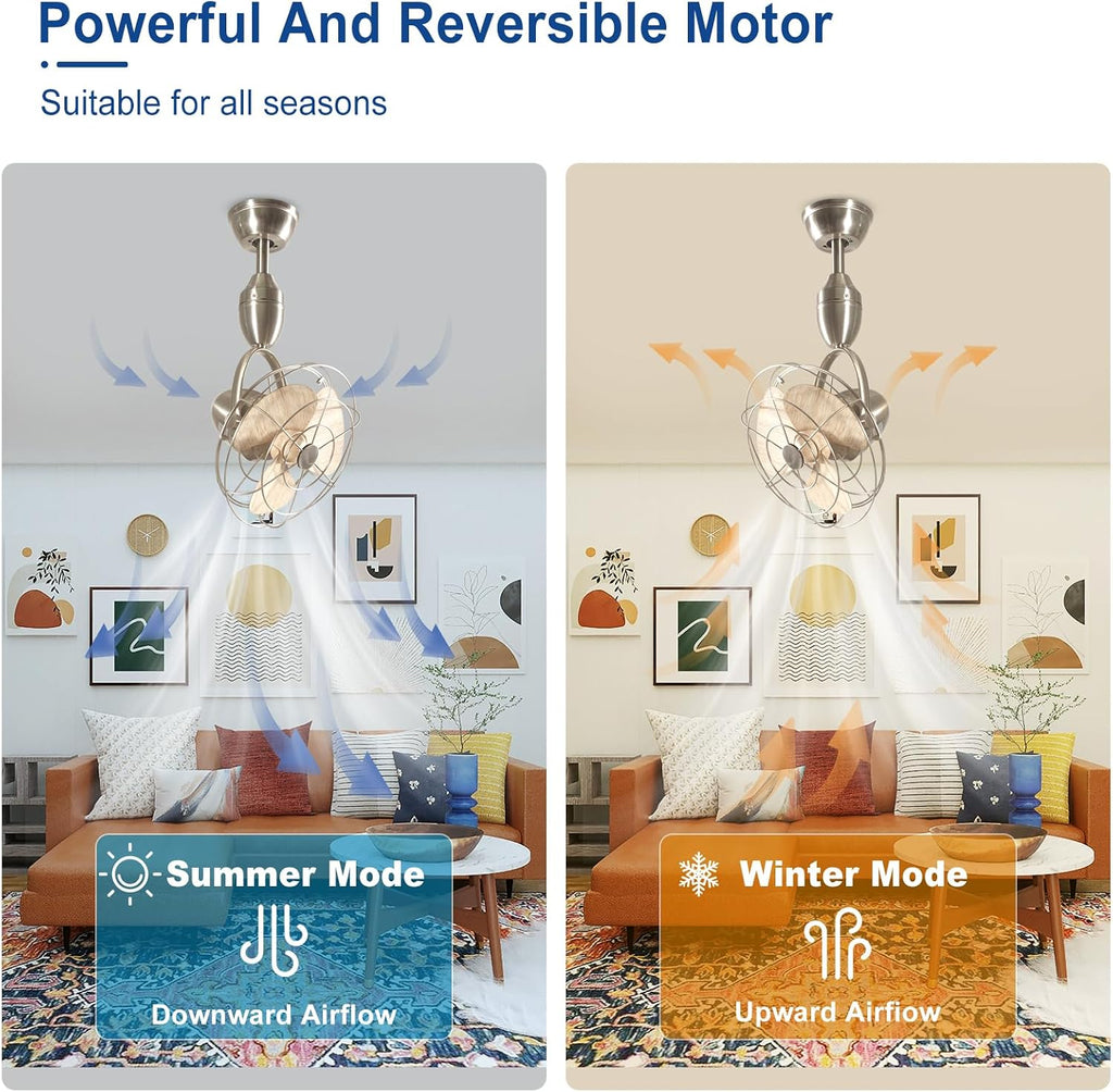 Depuley Oscillating Ceiling Fan with Remote: Nickel and Wood Wall Mount Fan Ceiling for Patio - Caged Outdoor Wall Fan for Indoor Bedroom Kitchen - 80° Oscillation 100° Adjustable