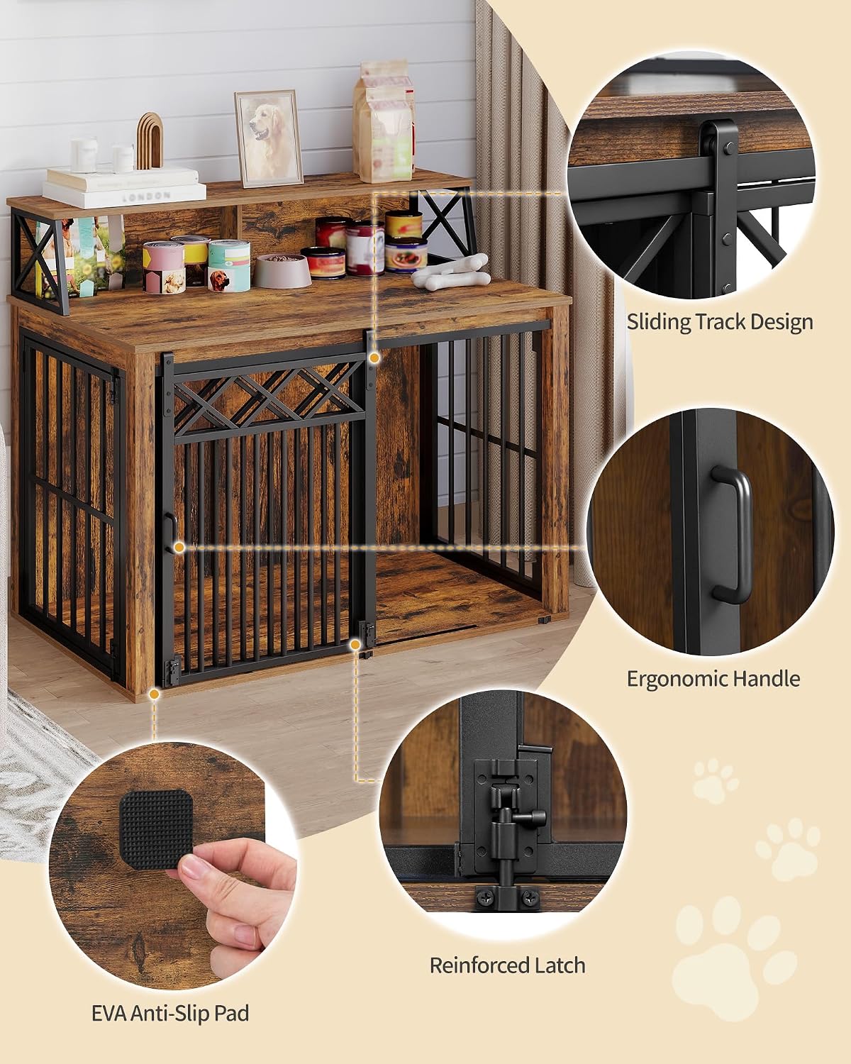 Hzuaneri 39.4'' Dog Crate Furniture, Large Wooden Dog Crate with Storage and 3 Doors, Indoor Kennel for Medium/Large Dogs, End Table with Barn Door, Chew-Proof and Escape-Proof, Rustic Brown DFC87401B