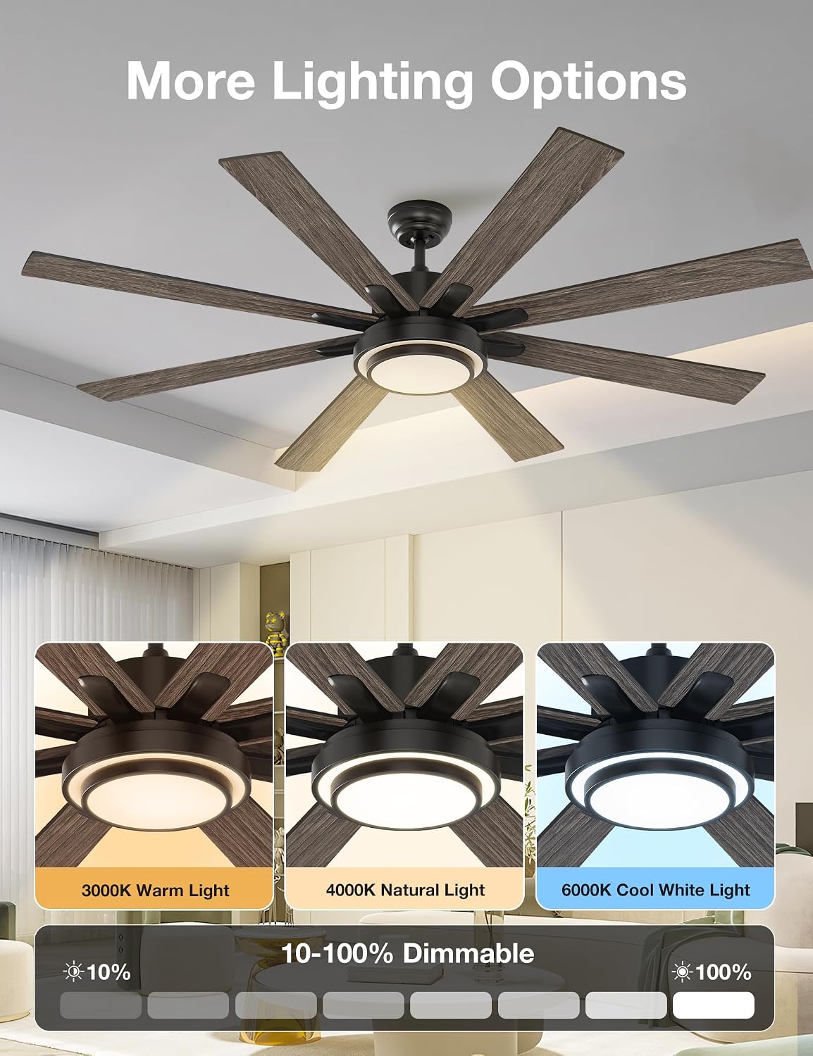warmiplanet 62 Inch Ceiling Fan with Lights and Remote, Quiet DC Motor, Modern Indoor Ceiling Fan for Living Room Bedroom, 6 Speeds Reversible, 3-Color Dimmable LED Light, Timer