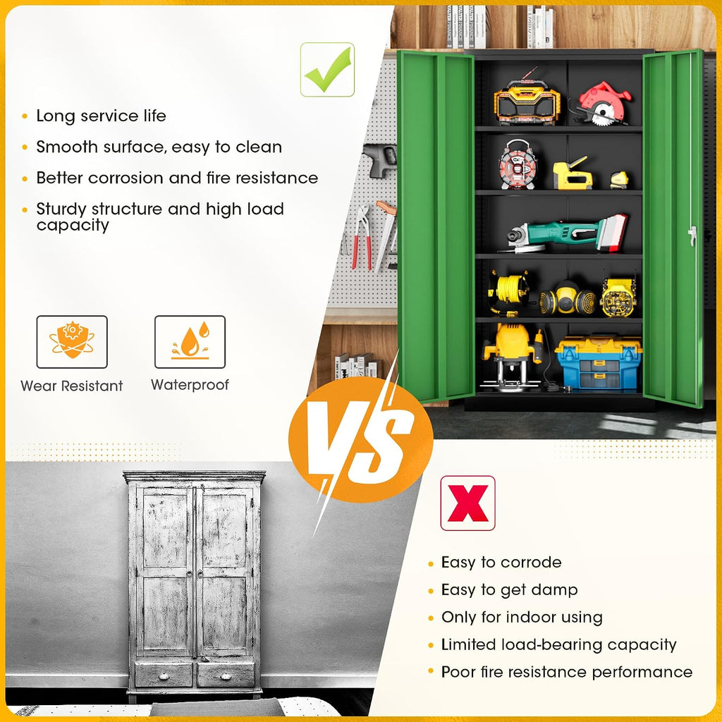 Greenvelly 72' H Metal Garage Storage Cabinet with 2 Doors and 4 Adjustable Shelves, Black Green Metal Cabinet with Lock for Office,Home, Garage, Gym, School