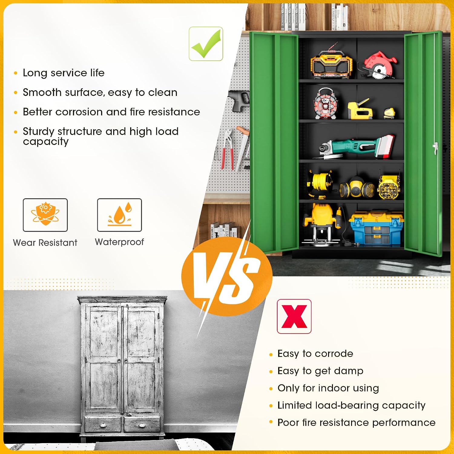 Greenvelly 72' H Metal Garage Storage Cabinet with 2 Doors and 4 Adjustable Shelves, Black Green Metal Cabinet with Lock for Office,Home, Garage, Gym, School