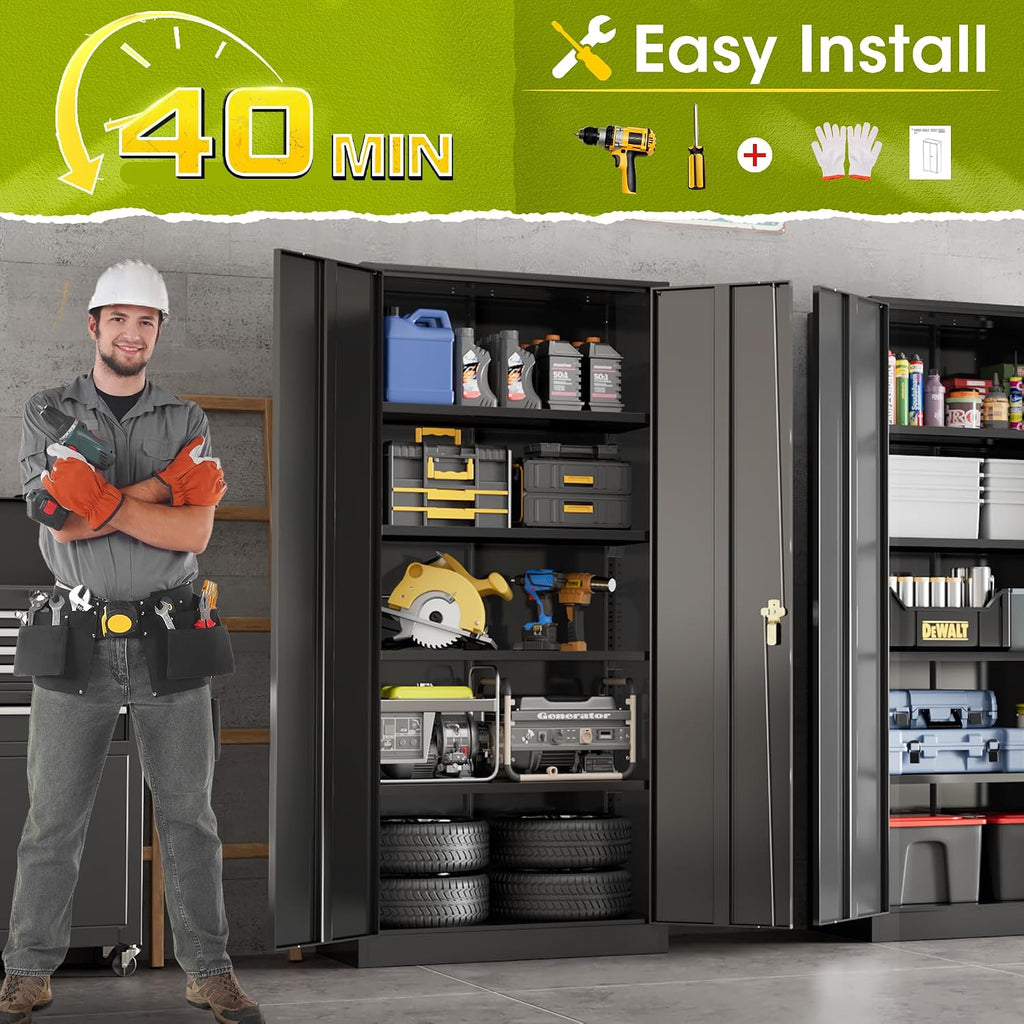 Greenvelly Metal Lockable Storage Cabinet, 72' Tall Storage Cabinet with 2 Doors and 4 Adjustable Shelves for Office, Home, Garage, Pantry (Assembly Required, 18'D, Black)