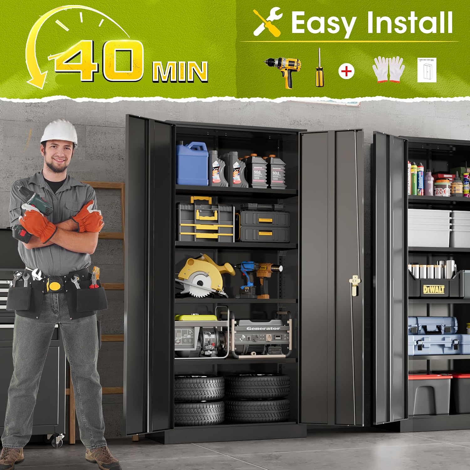 Greenvelly Metal Lockable Storage Cabinet, 72' Tall Storage Cabinet with 2 Doors and 4 Adjustable Shelves for Office, Home, Garage, Pantry (Assembly Required, 18'D, Black)