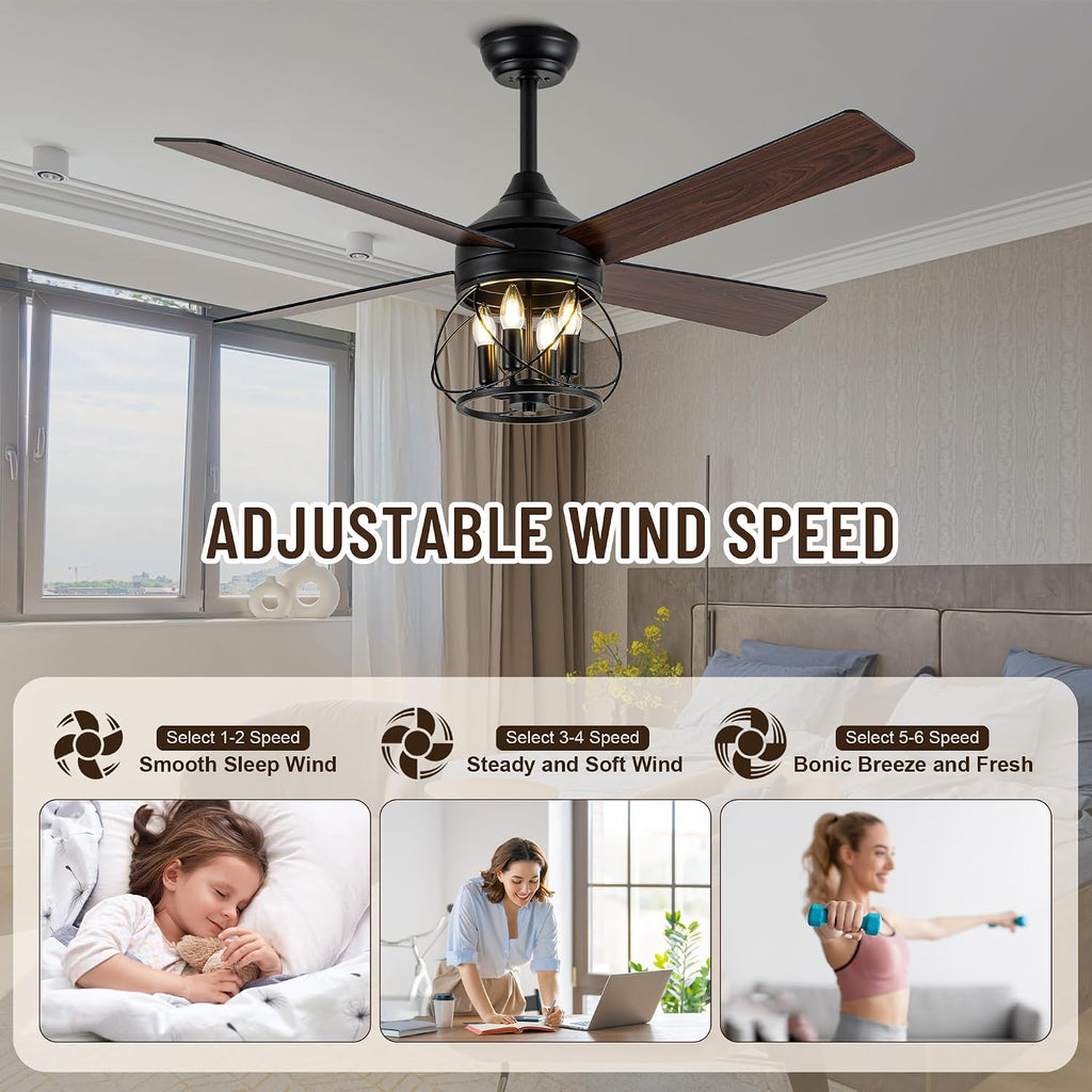52 Inch Ceiling Fans with Lights, Modern Farmhouse Caged Ceiling Fan, Reversible Motor, 4 Double Finish Wood Blades, Rustic Ceiling Fan for Porch, Living Rooms, Bedroom