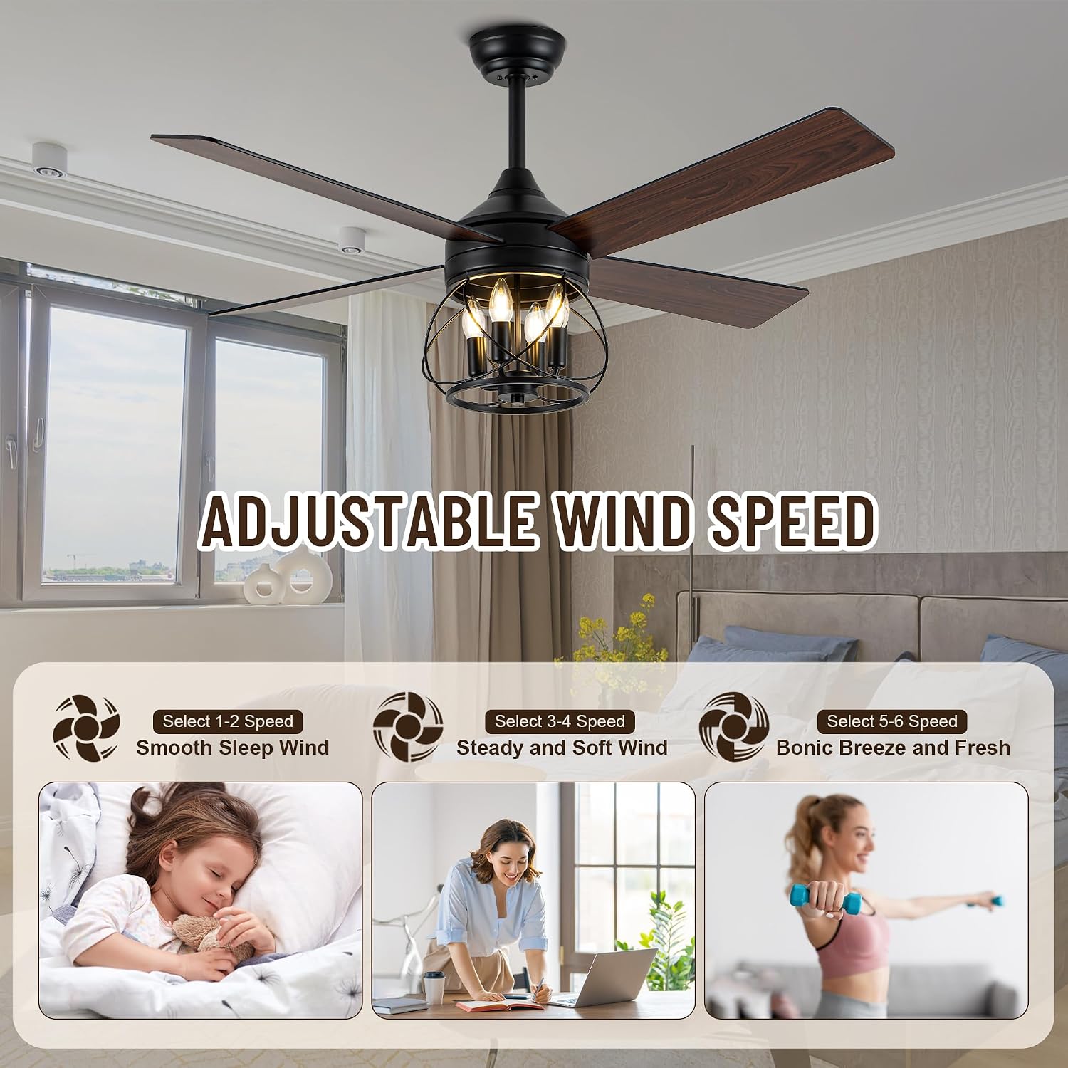 52 Inch Ceiling Fans with Lights, Modern Farmhouse Caged Ceiling Fan, Reversible Motor, 4 Double Finish Wood Blades, Rustic Ceiling Fan for Porch, Living Rooms, Bedroom
