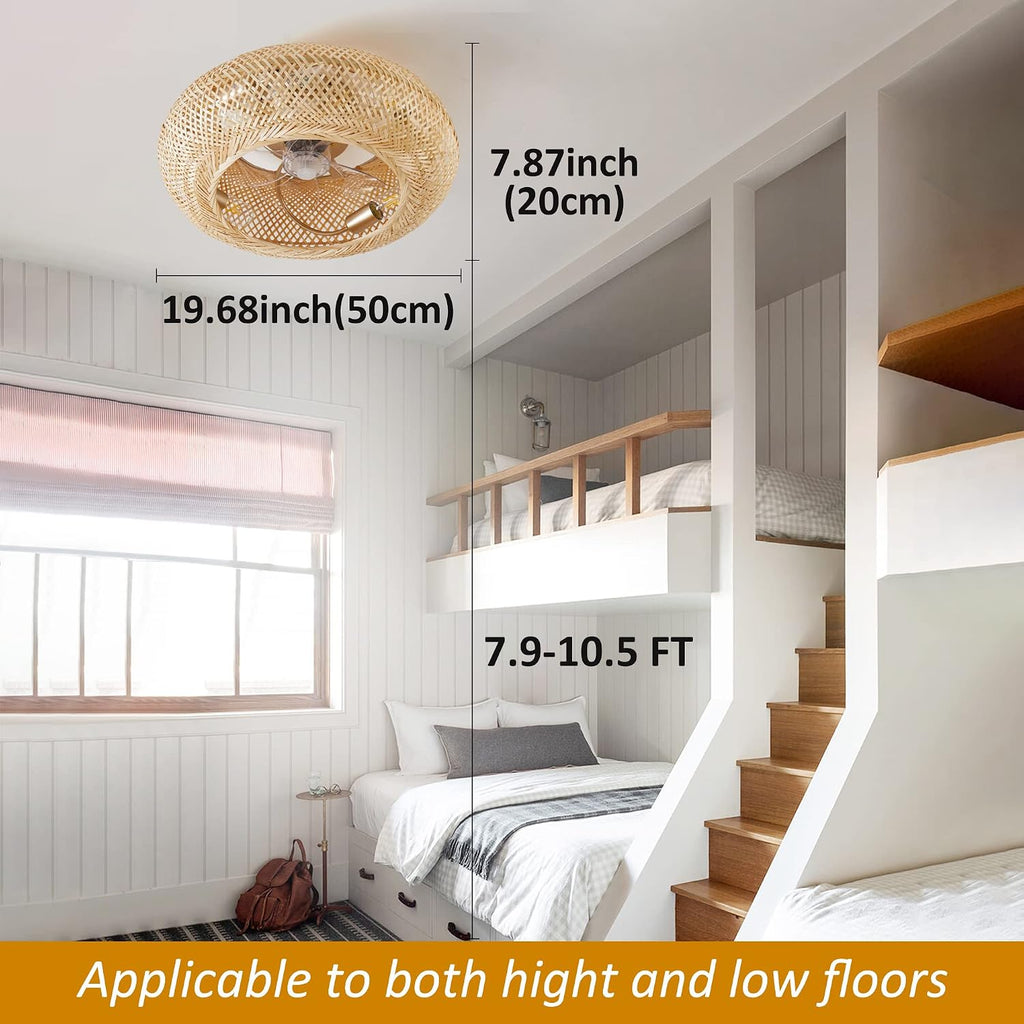 ainqiant 20' Boho Ceiling Fans with Lights,Rattan Caged Flush Mount Ceiling Fan with Light, Enclosed Timing 6 Speeds Reversible for Living Room Bedroom Dining Room