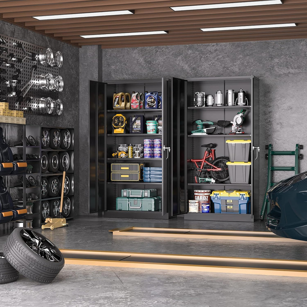 Greenvelly Storage Cabinet, 72' Black Garage Steel Locking Cabinet with Doors and 4 Adjustable Shelves, Tall Lockable File &Tool Cabinet for Home Office, Metal Classroom Cabinet Basement