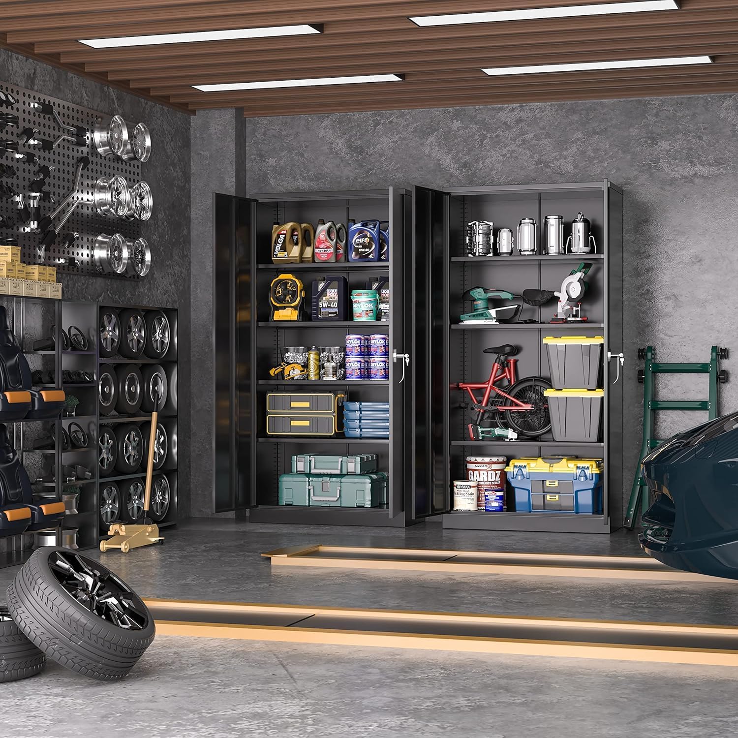 Greenvelly Storage Cabinet, 72' Black Garage Steel Locking Cabinet with Doors and 4 Adjustable Shelves, Tall Lockable File &Tool Cabinet for Home Office, Metal Classroom Cabinet Basement