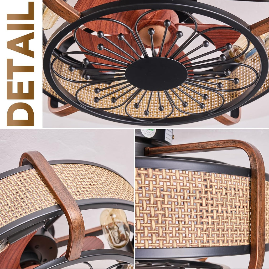 18.9in Boho Ceiling Fan with Lights Flush Mount Fandelier Ceiling Light with Fan Rattan Farmhouse Ceiling Fan Caged Fan Lighting with Remote Reversible 6 Speeds Motor E26 Base