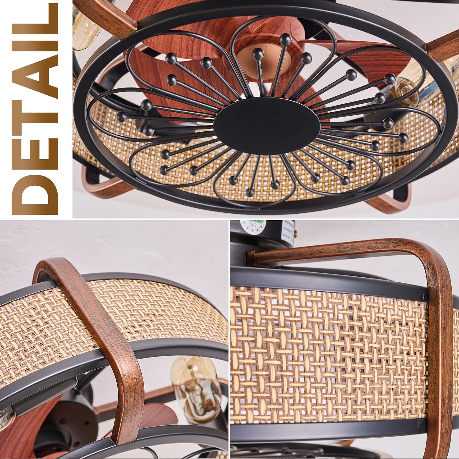 18.9in Boho Ceiling Fan with Lights Flush Mount Fandelier Ceiling Light with Fan Rattan Farmhouse Ceiling Fan Caged Fan Lighting with Remote Reversible 6 Speeds Motor E26 Base