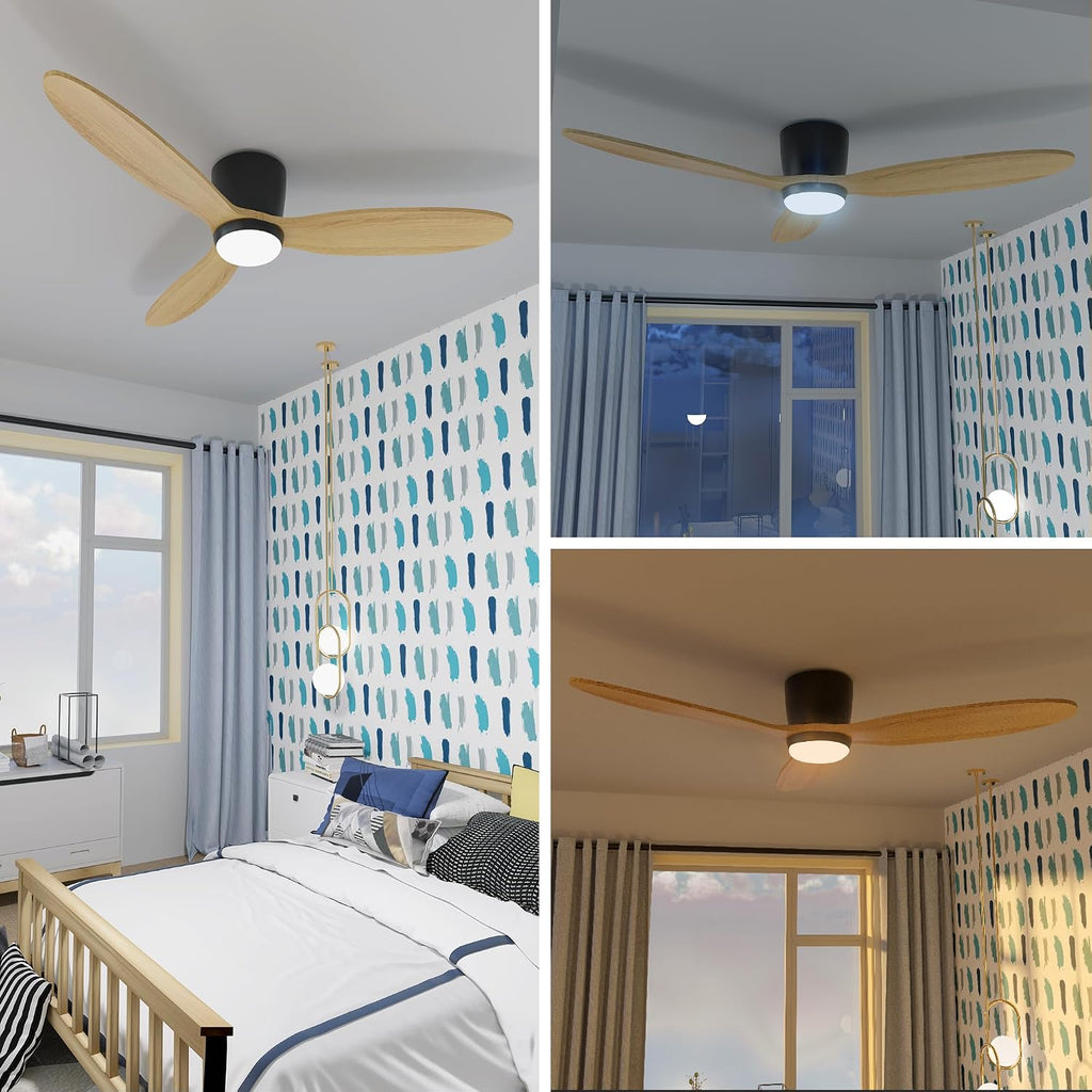 Flush Mount Ceiling Fan with Light, 52 inch Low Profile Ceiling Fans with Remote for Outdoor/Patios, 3 Color Light, 6 Speed, DC Motor, Wood and Modern Matte Black